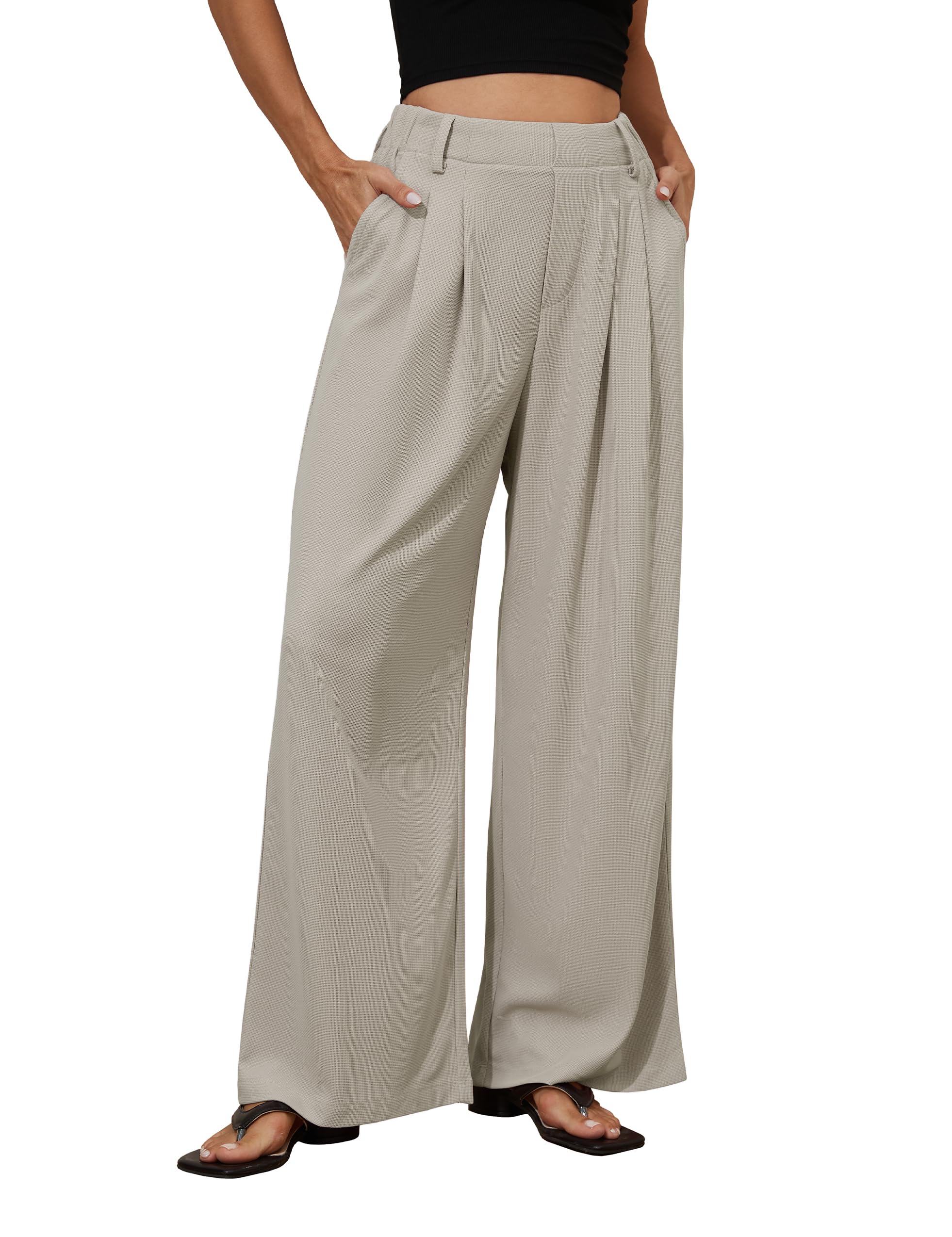 Kayamiya Women's High Waisted Elastic Waist Wide Leg Waffle Pants - Business Casual Work Pants with Pockets for Summer | Office Wear, Lounge, Travel & Everyday Comfort