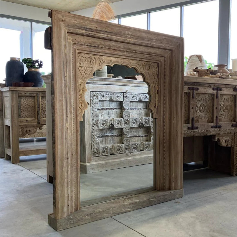 Antique Wooden Wall Mirror with Handcrafted Arch Frame - Vintage Home Decor for Living Room, Bedroom & Entryway