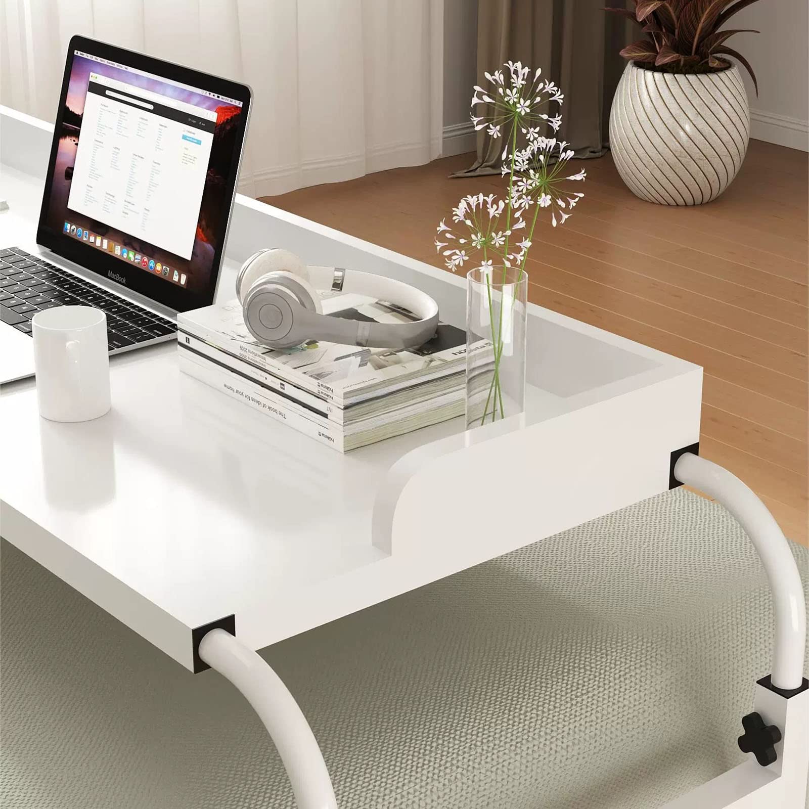 Adjustable Rolling Overbed Table - Extendable Height & Length Mobile Laptop Desk for Home Office, Hospital & Bedroom Use - White 140cm Computer Workstation with Wheels