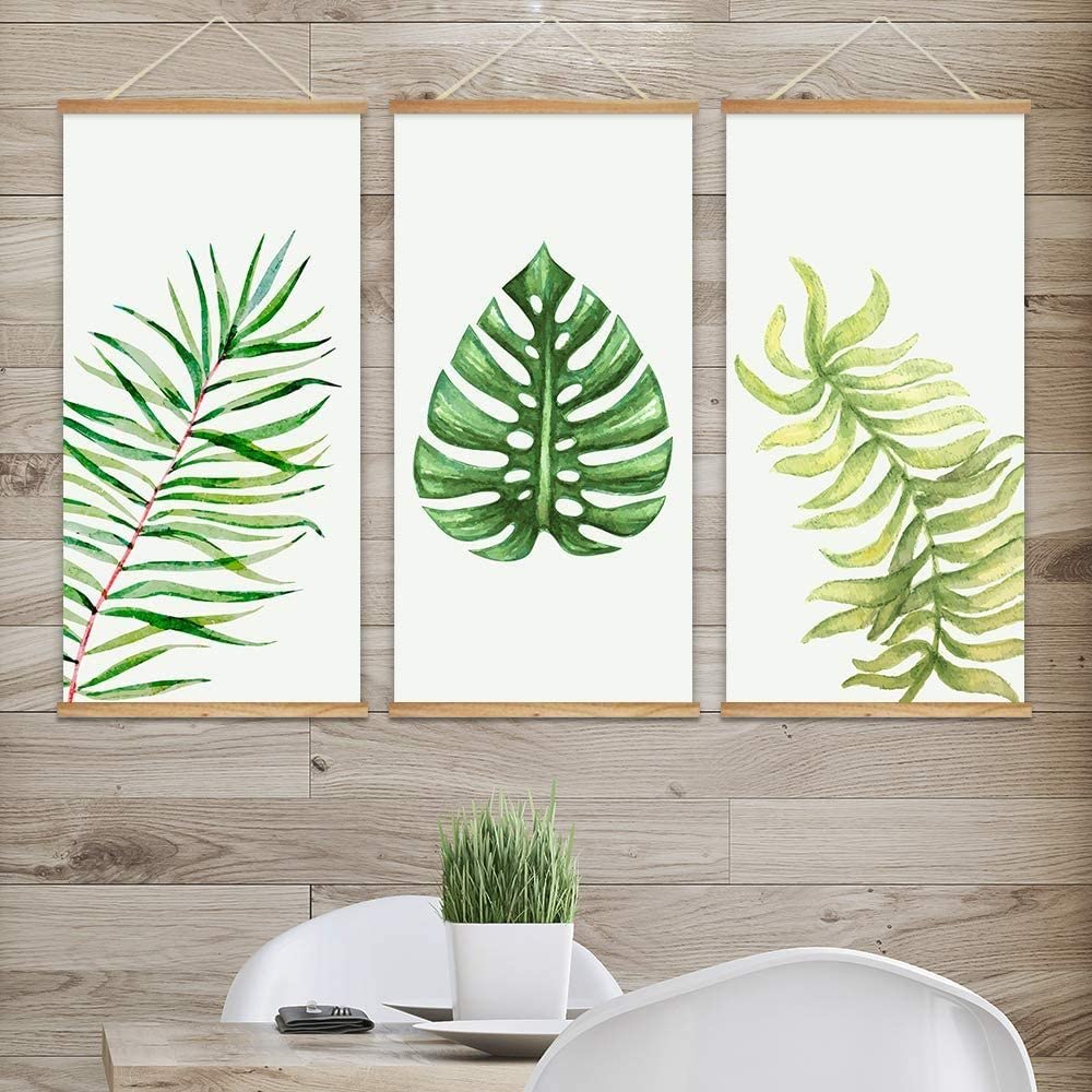 3 Panel Hanging Poster with Wood Frames - Watercolor Style Tropical Leaves Wall Art - Ready to Hang Home Decor for Living Room, Bedroom & Office