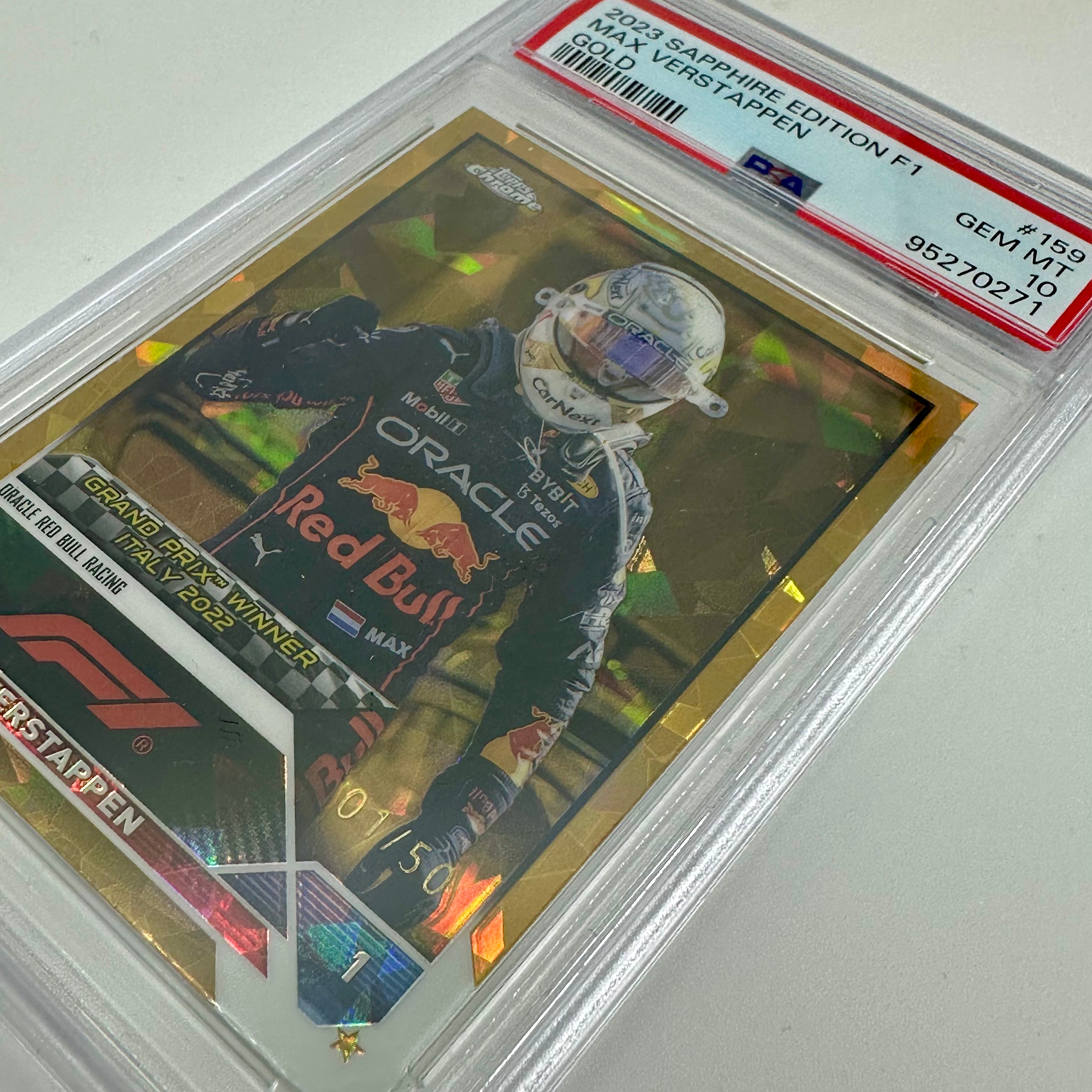 2023 Topps Chrome Sapphire Gold Max Verstappen #159 PSA 10 01/50 - Rare Collectible Trading Card for F1 Fans & Sports Memorabilia Enthusiasts