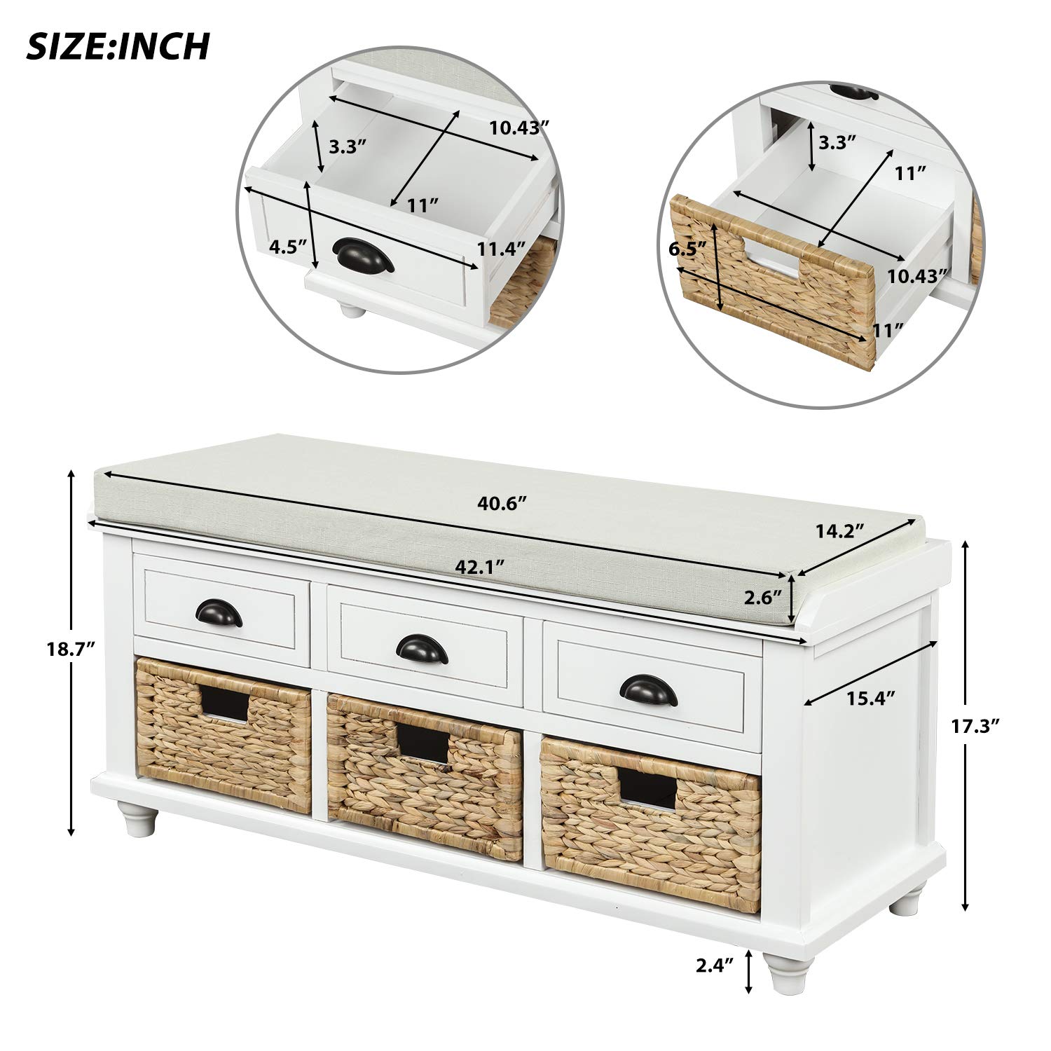 Rustic Entryway Storage Bench with Drawers & Baskets - for Shoes & Living Room
