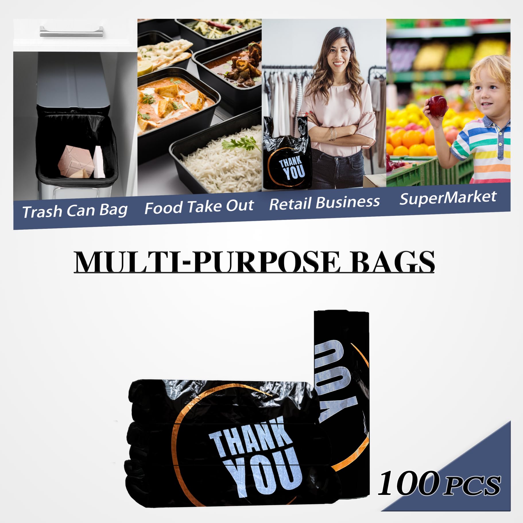 100 Count Black Plastic T-Shirt Bags with Handles - Retail Shopping, Merchandise & Disposable Supermarket Bags - Perfect for Stores, Boutiques & Grocery Shopping