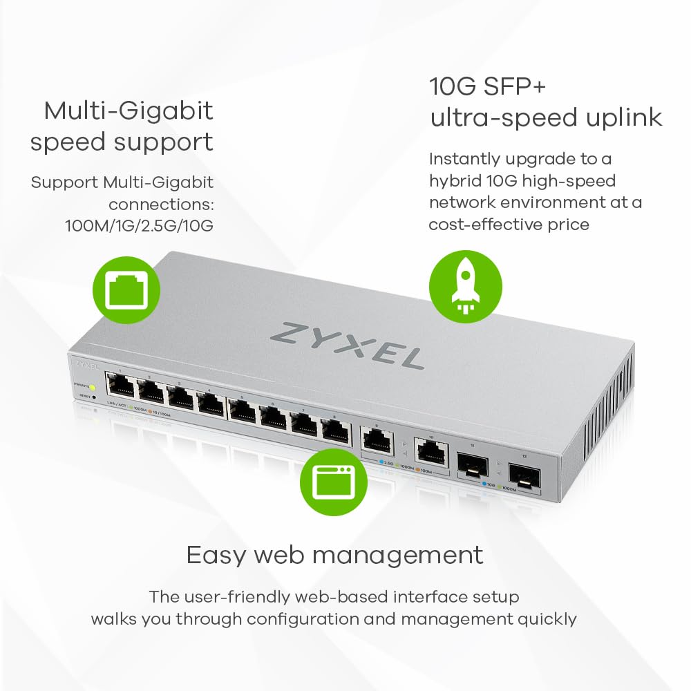 Zyxel XGS1210-12 12-Port Multi-Gigabit Web Managed Switch with 2x2.5G & 2x10G SFP+ Ports - Desktop/Wall Mount Network Switch for Home Office & Small Business Networking