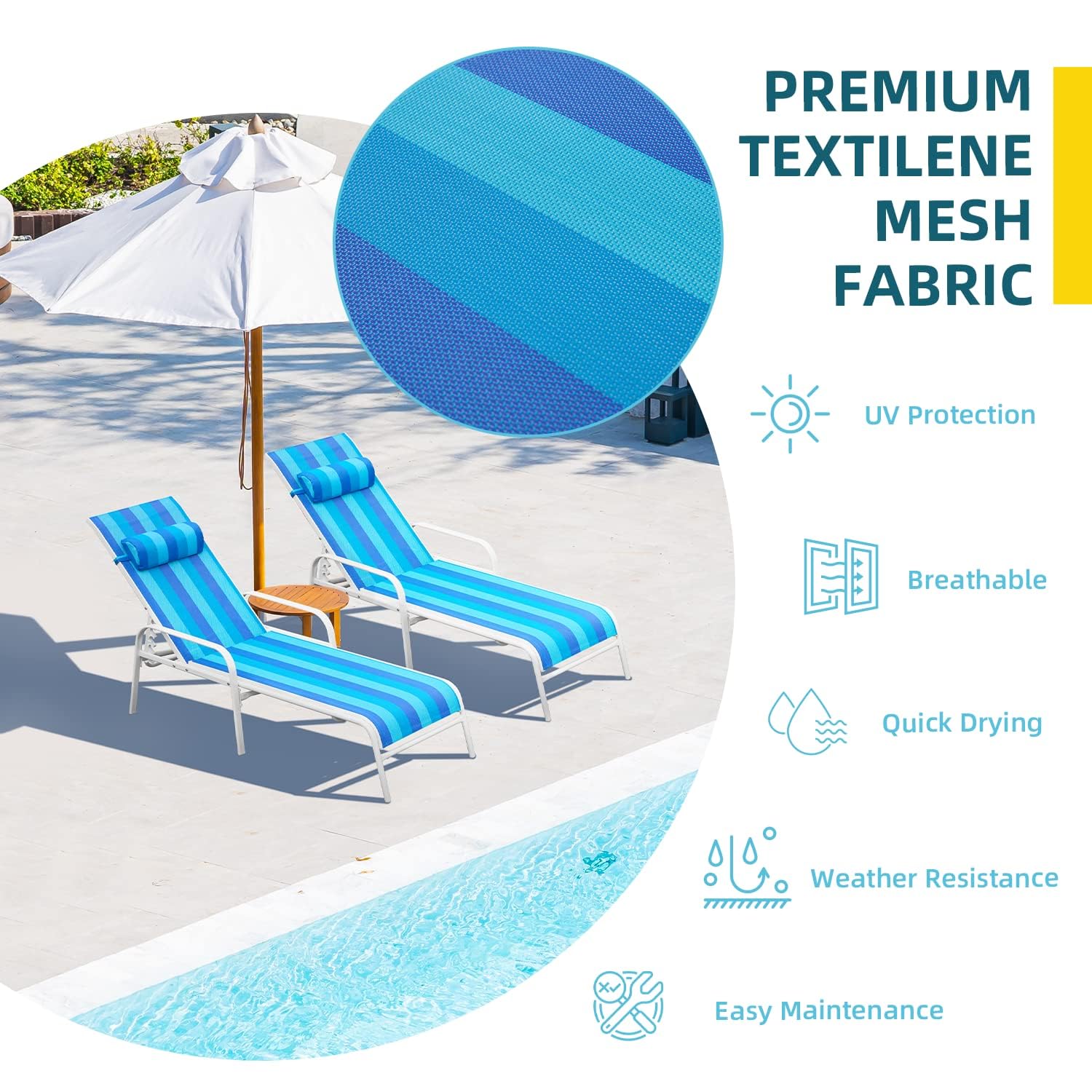 **EROMMY 2-Piece Patio Chaise Lounge Set - Outdoor Reclining Chairs with Adjustable Backrest, Waterproof & UV-Resistant Fabric (Blue) - Perfect for Poolside, Garden, or Backyard Relaxation**