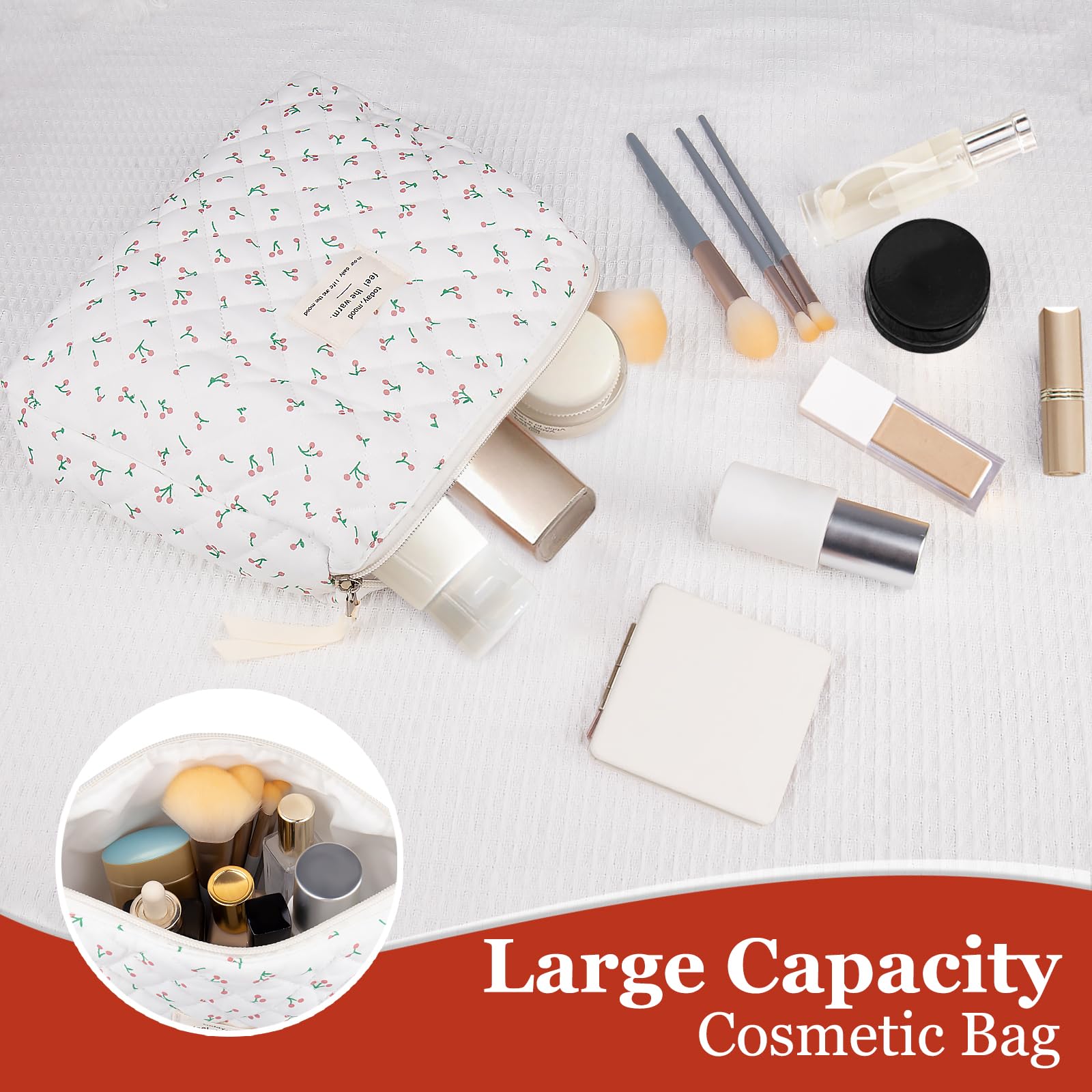 Floral Makeup Bag for Women - Small Cute Cotton Cosmetic Pouch with Quilted Design, Flower Travel Toiletry Organizer (White Cherry) - Perfect for Travel, Gym & Daily Essentials Storage