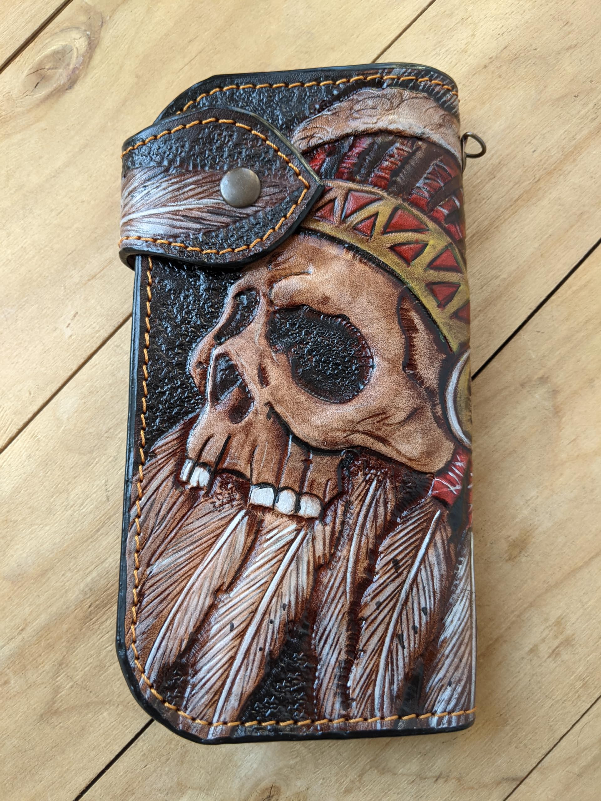 Handmade 3D Genuine Leather Biker Wallet for Men - Custom Engraved & Hand-Painted Long Wallet with Indian Skull & Skeleton Design - Perfect for Motorcycle Riders, Gift Giving & Everyday Use