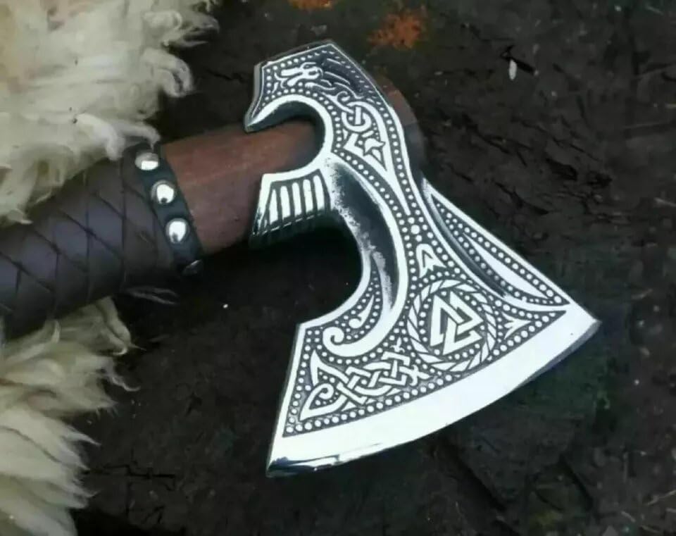 Handmade Viking Axe - High Carbon Steel Forged Tomahawk Bearded Axe for Throwing & Wood Chopping - Norse Warrior Gift for Men - Camping, Survival & Outdoor Activities - Valknut Design Woodworking Tool