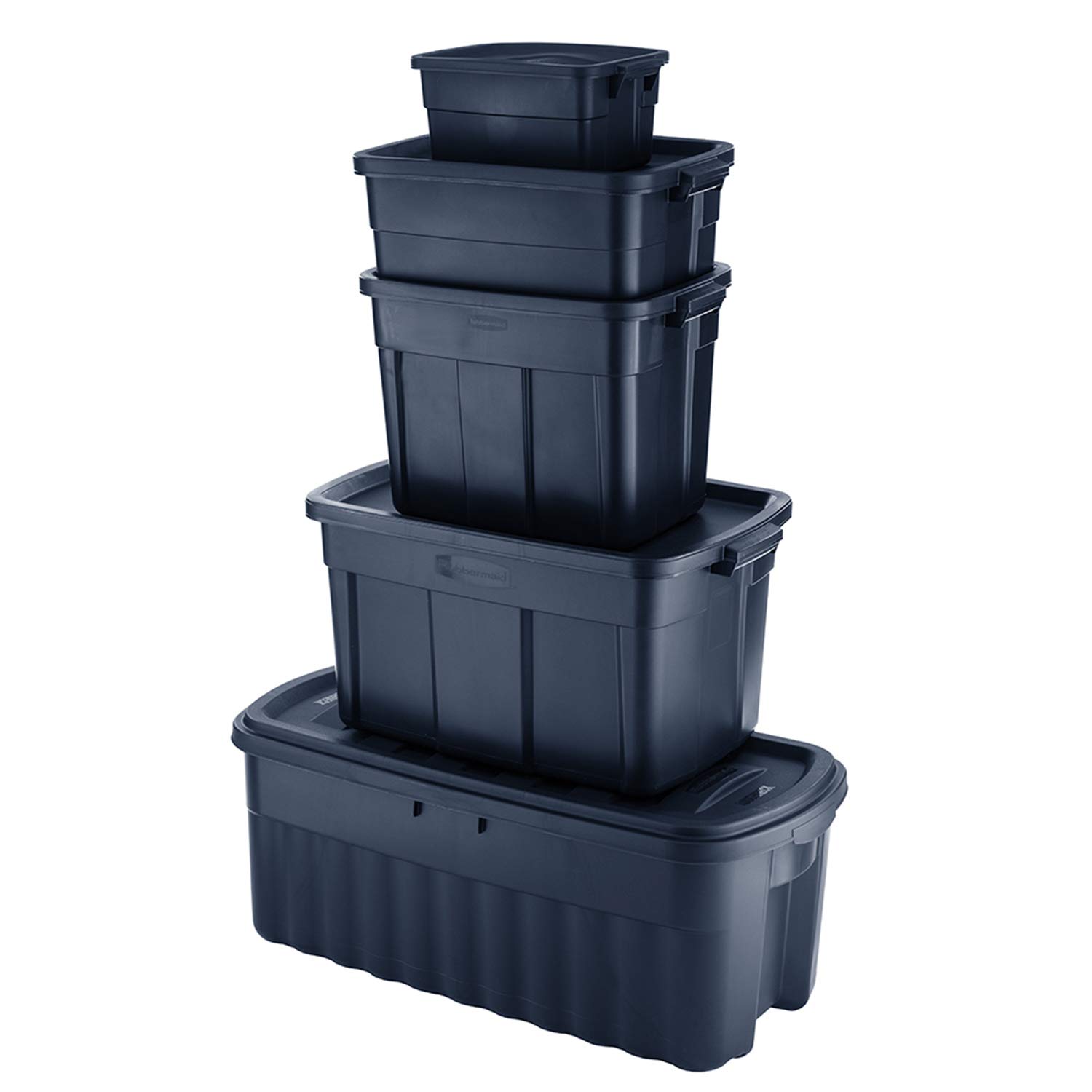 Rubbermaid Roughneck 18 Gallon Heavy-Duty Plastic Storage Bins with Latching Lids - 12 Pack Dark Indigo Metallic Totes for Home, Office & Garage Organization | Perfect for Seasonal Decor, Toys & Tool Storage