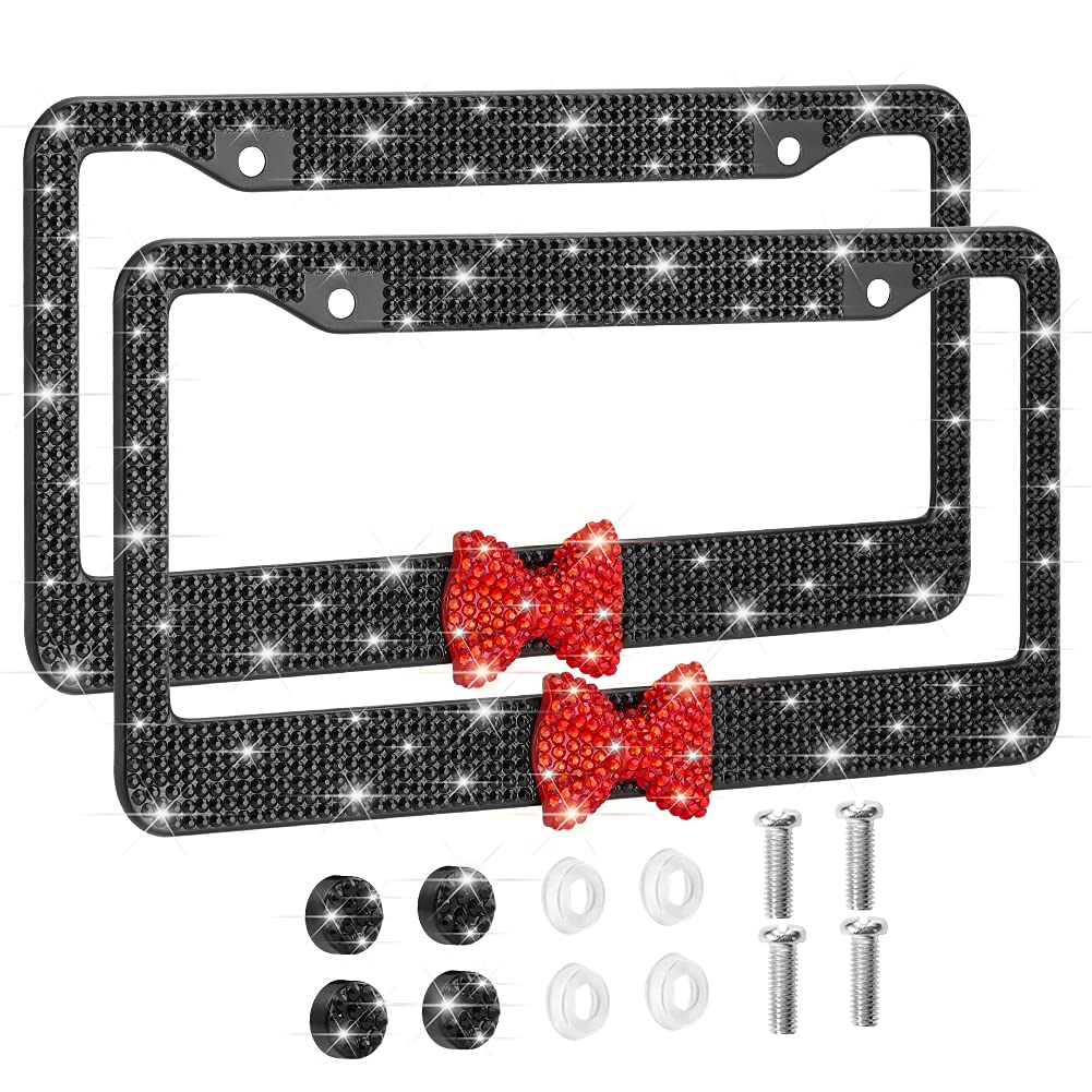 OTOSTAR 2 Pack Rhinestone Bling License Plate Frames with Ribbon Bow - Premium Stainless Steel Car Plate Holder with Anti-Theft Screws (Black/Red Bowtie) for Cars, SUVs & Trucks - Perfect for Customizing Your Vehicle & Adding Glam Style