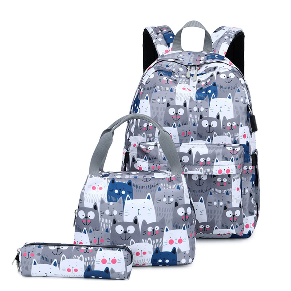3PCS Cat Print Backpack with USB Charging Port - Cute School Bookbags for Middle & Elementary Students | Lightweight Daypack for School, Travel & Daily Use