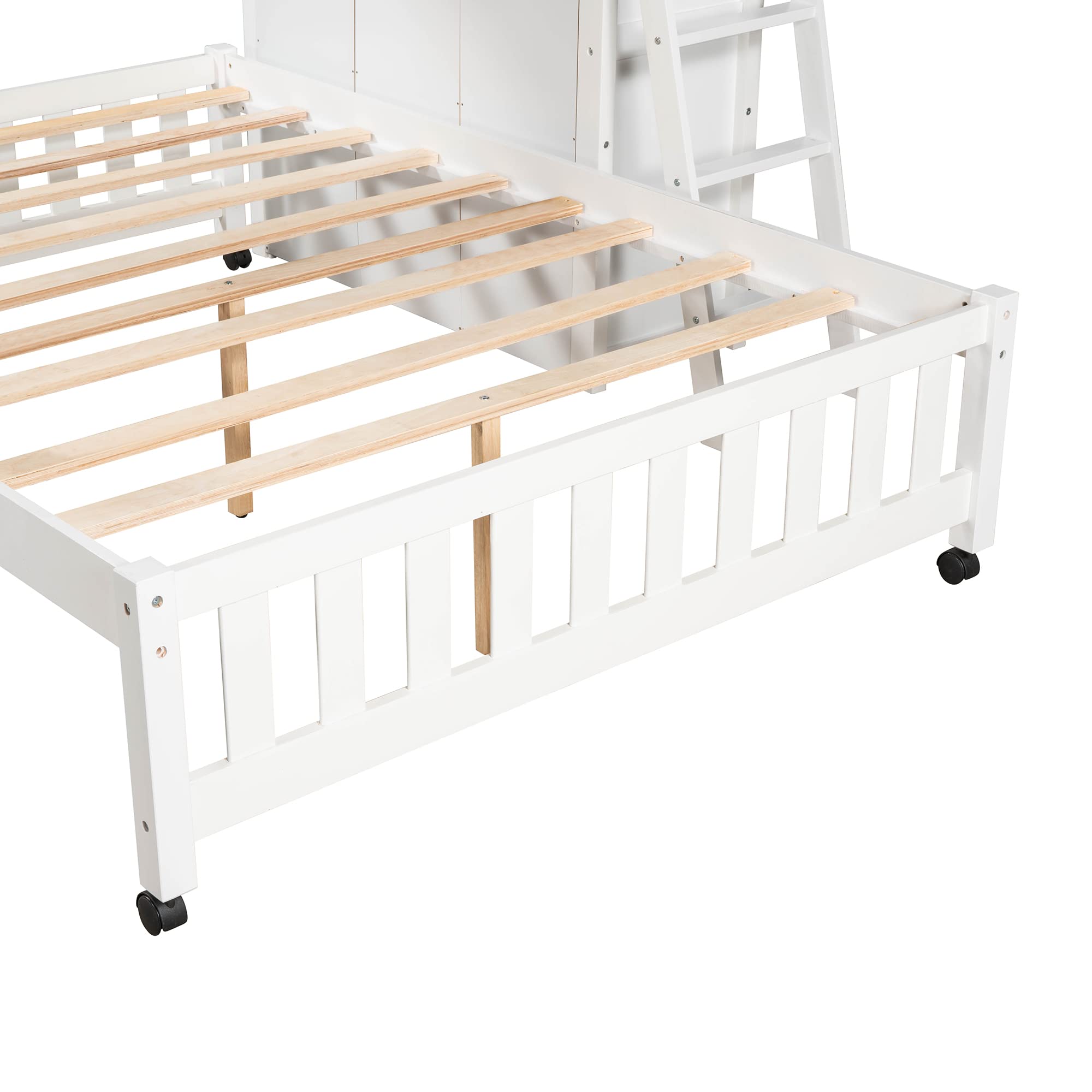Modern White Wooden Twin Over Full Bunk Bed with 6 Drawers, Adjustable Shelves & Ladder - L-Shaped Full Platform Bed Frame with Wheels & Safety Guardrails - Space-Saving Kids Bedroom Furniture for Small Rooms & Shared Spaces