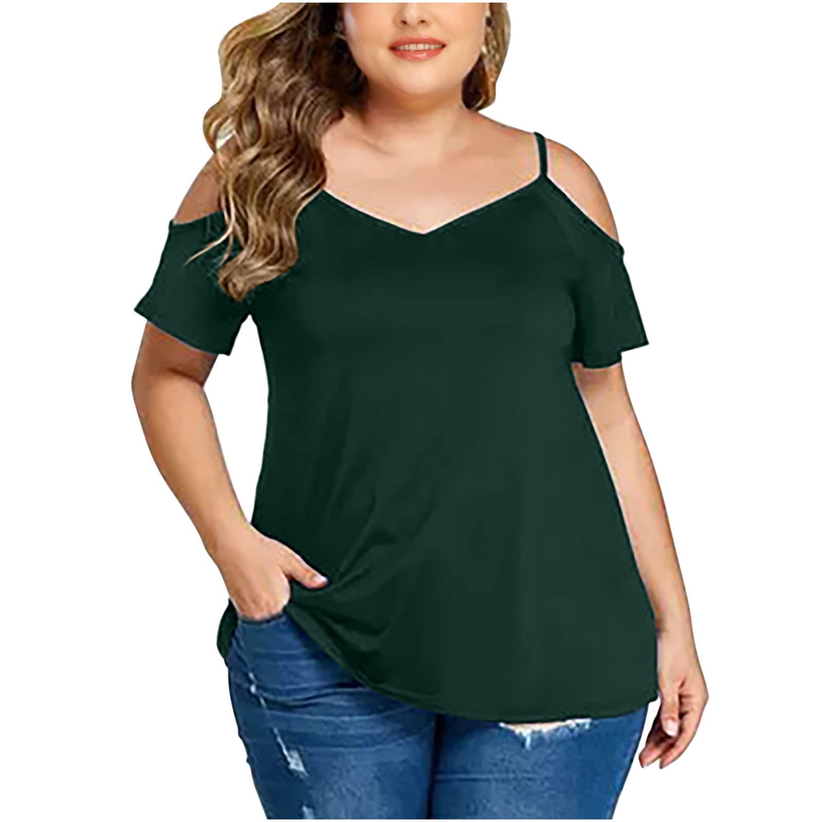 HRAPDA Women's Plus Size Off Shoulder Summer Top - Trendy V Neck Short Sleeve Blouse, Sexy Casual Loose T-Shirt for Beach, Party & Date Night Outfits
