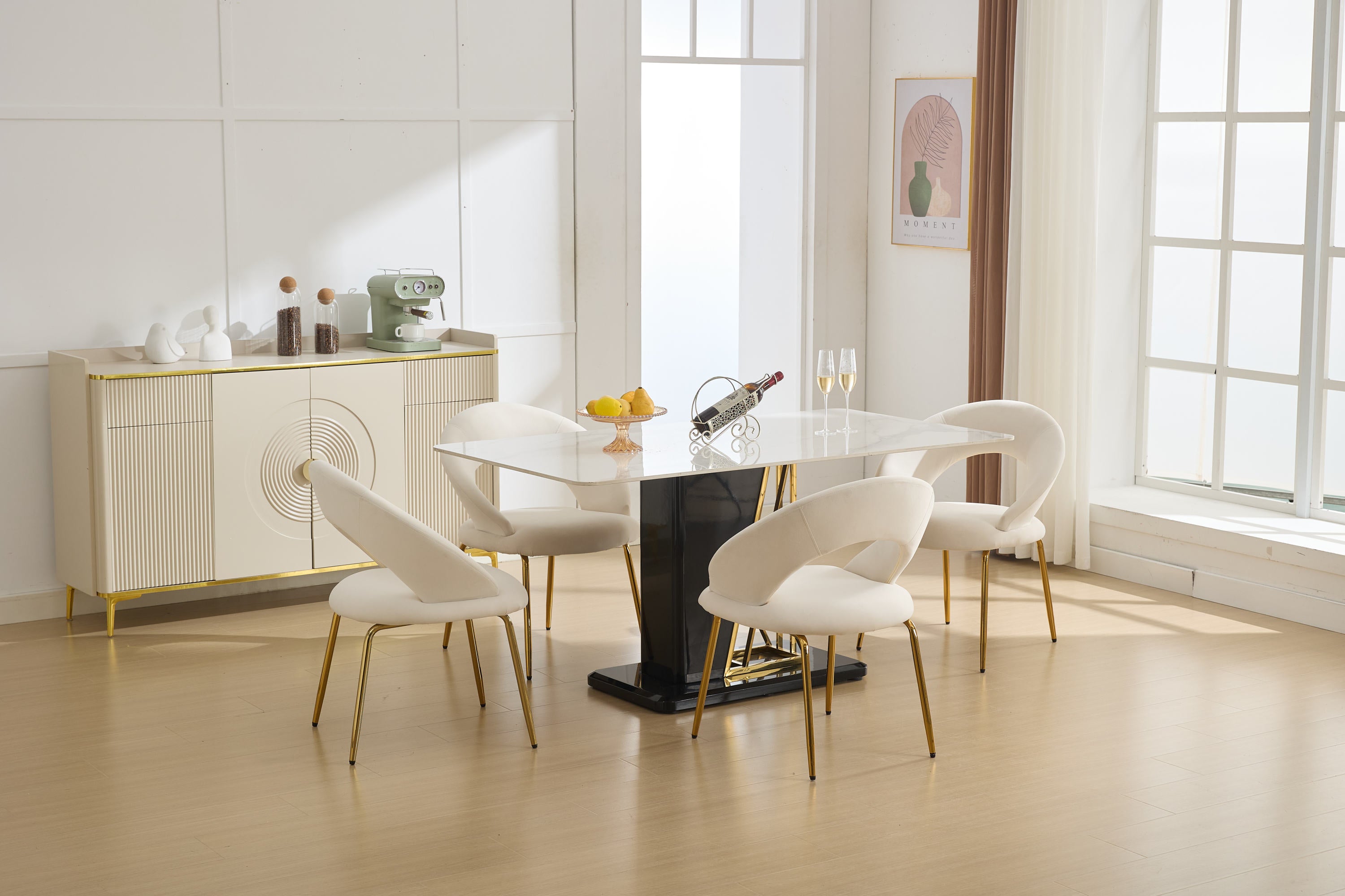 Velvet Dining Chairs Set of 1 - White Upholstered Kitchen Chairs with Curved Backrest & Gold Metal Legs for Dining Room, Restaurant or Home Decor