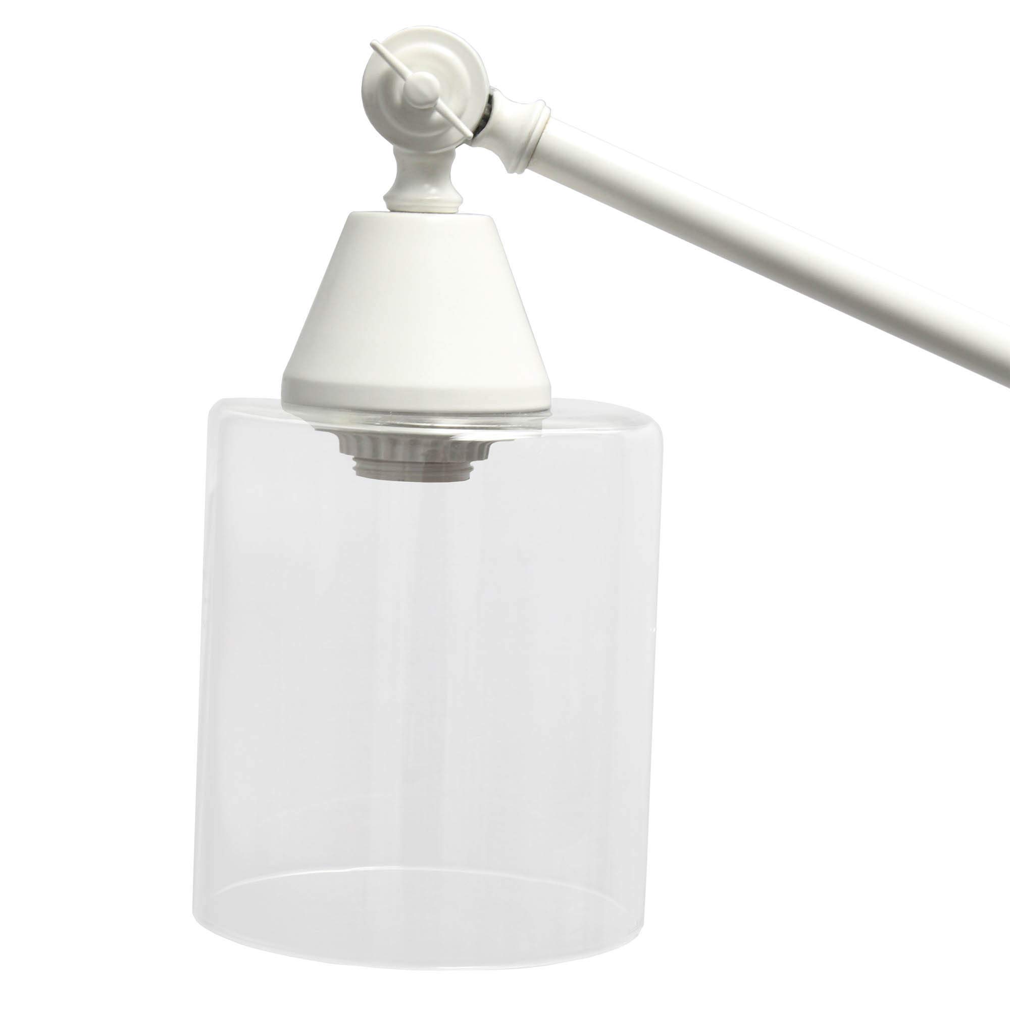 Modern Swing Arm Floor Lamp with Clear Glass Cylindrical Shade - Adjustable Reading Light for Living Room, Bedroom & Office - White Contemporary Lighting Fixture
