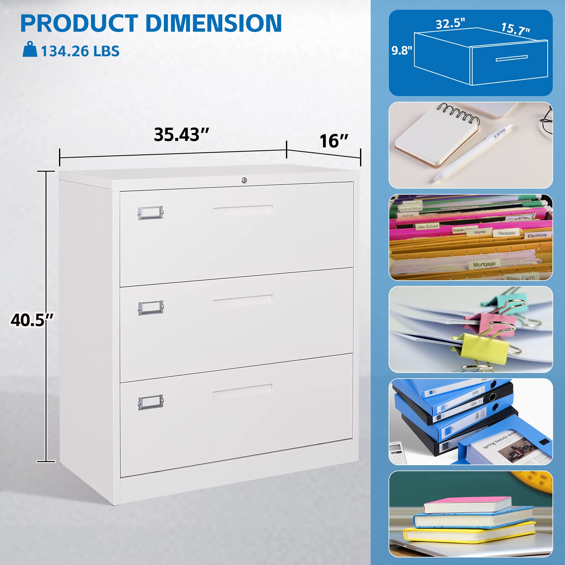 3-Drawer Metal Lateral File Cabinet with Lock - Steel Storage Cabinet for Legal/Letter/A4 Documents - Wide Office & Home File Organizer (Assembly Required) - Perfect for Workspaces, Home Offices & Storage Rooms