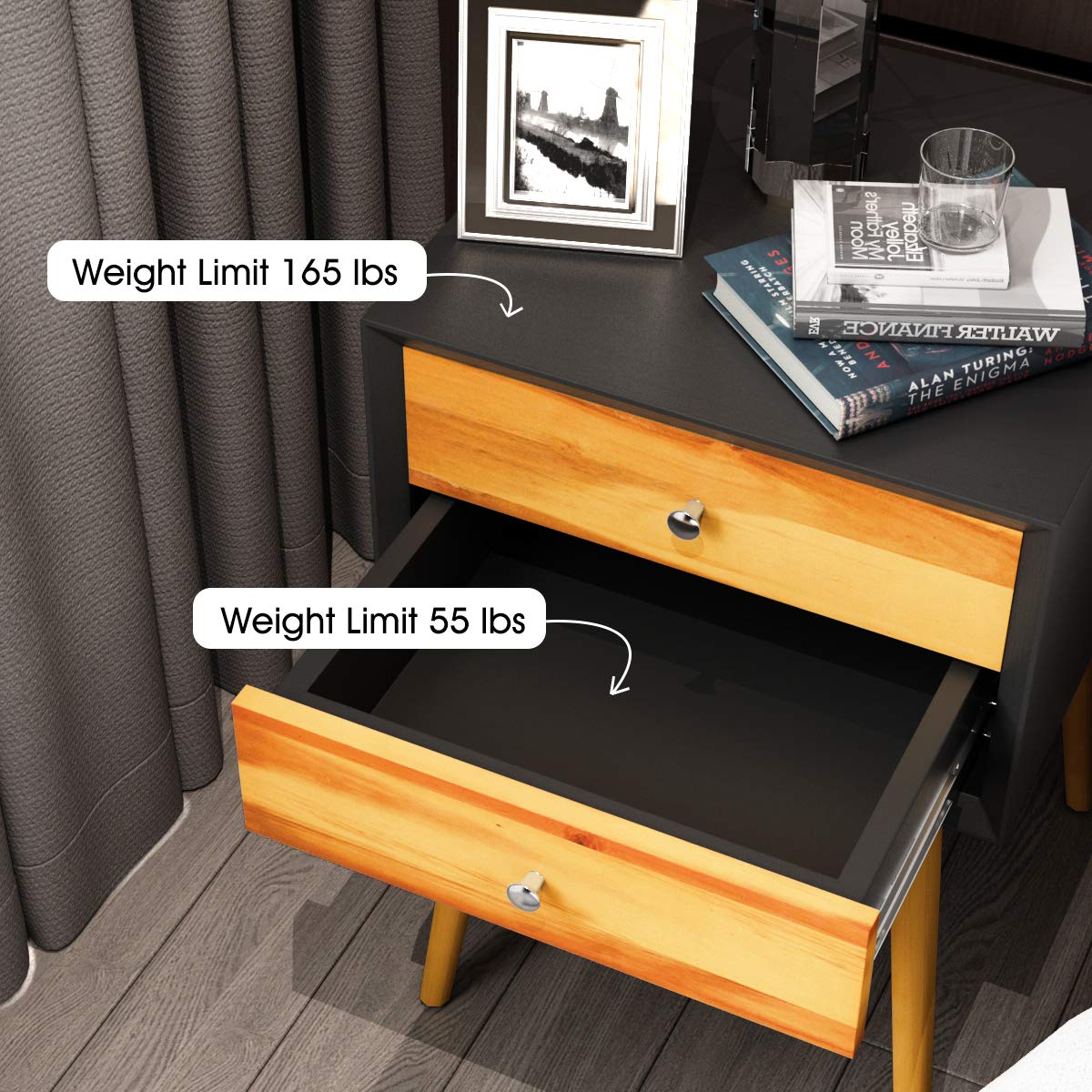 Mid Century Modern Nightstand with 2 Drawers - Solid Wood Legs Bedside Table for Bedroom, Living Room & Small Spaces - Black End Table for Cozy Home Decor & Convenient Storage