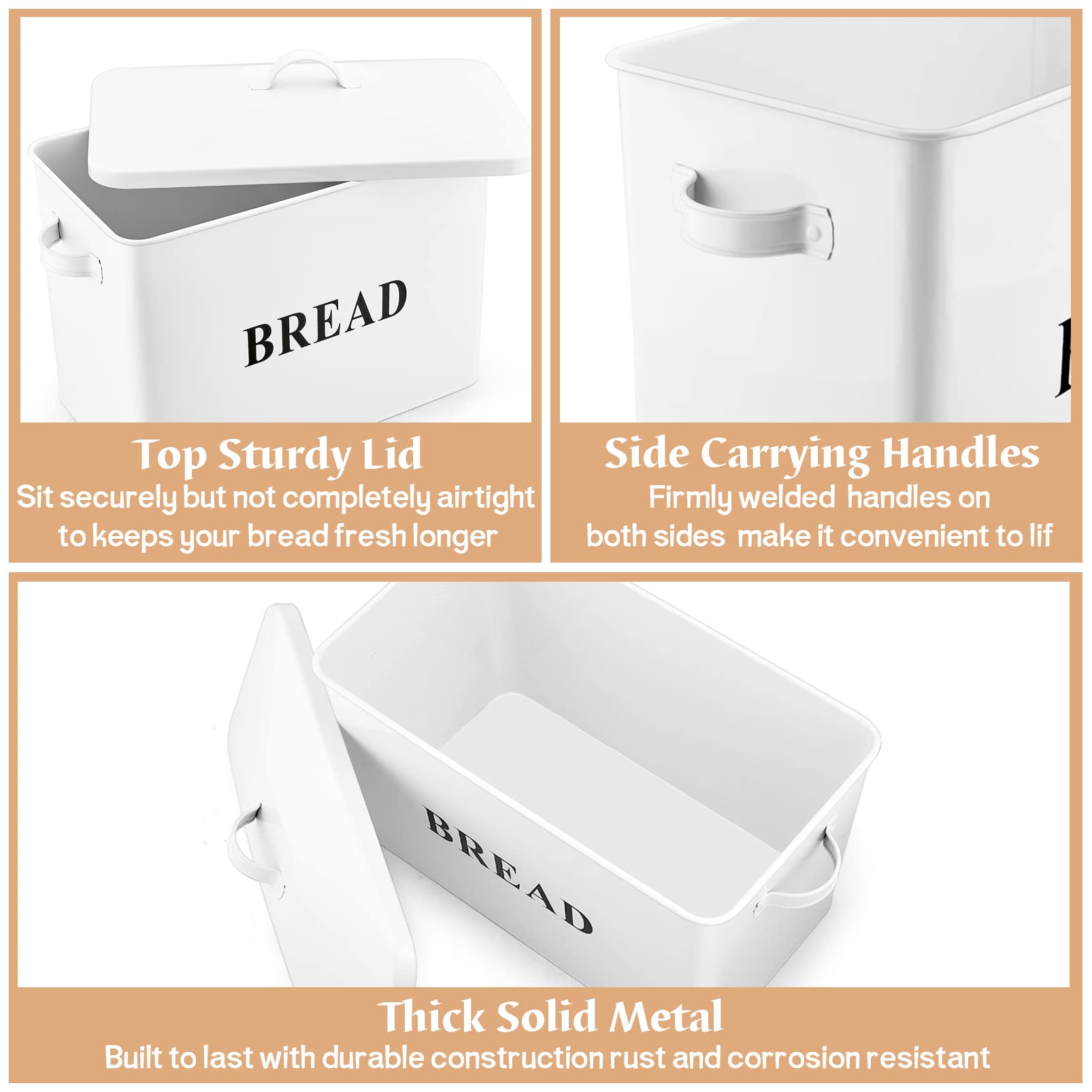 TeamFar Large Metal Bread Box for Kitchen Countertop – 13.1’’ x 11.8’’ x 7.3’’ Modern Farmhouse Bread Storage Container with Lid – Holds 2+ Loaves – Perfect for Bread, Baguettes & Pastries Storage in Home, Bakery or Café