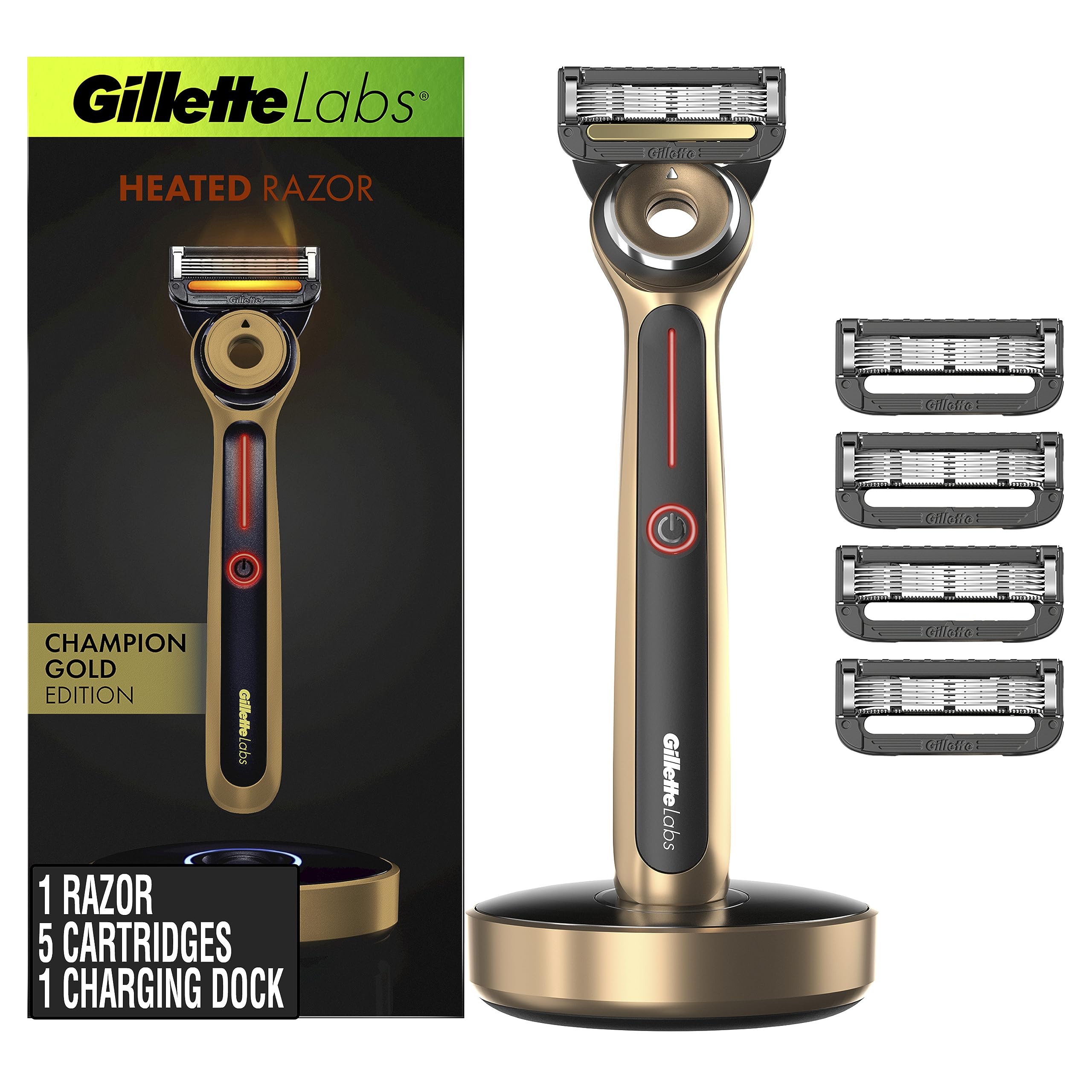 Gillette Labs Heated Razor Gold Edition - Premium Electric Shaver with Warming Technology, 1 Handle, 5 Blade Refills & Charging Dock - Perfect for Men's Daily Shaving & Travel Grooming Kit