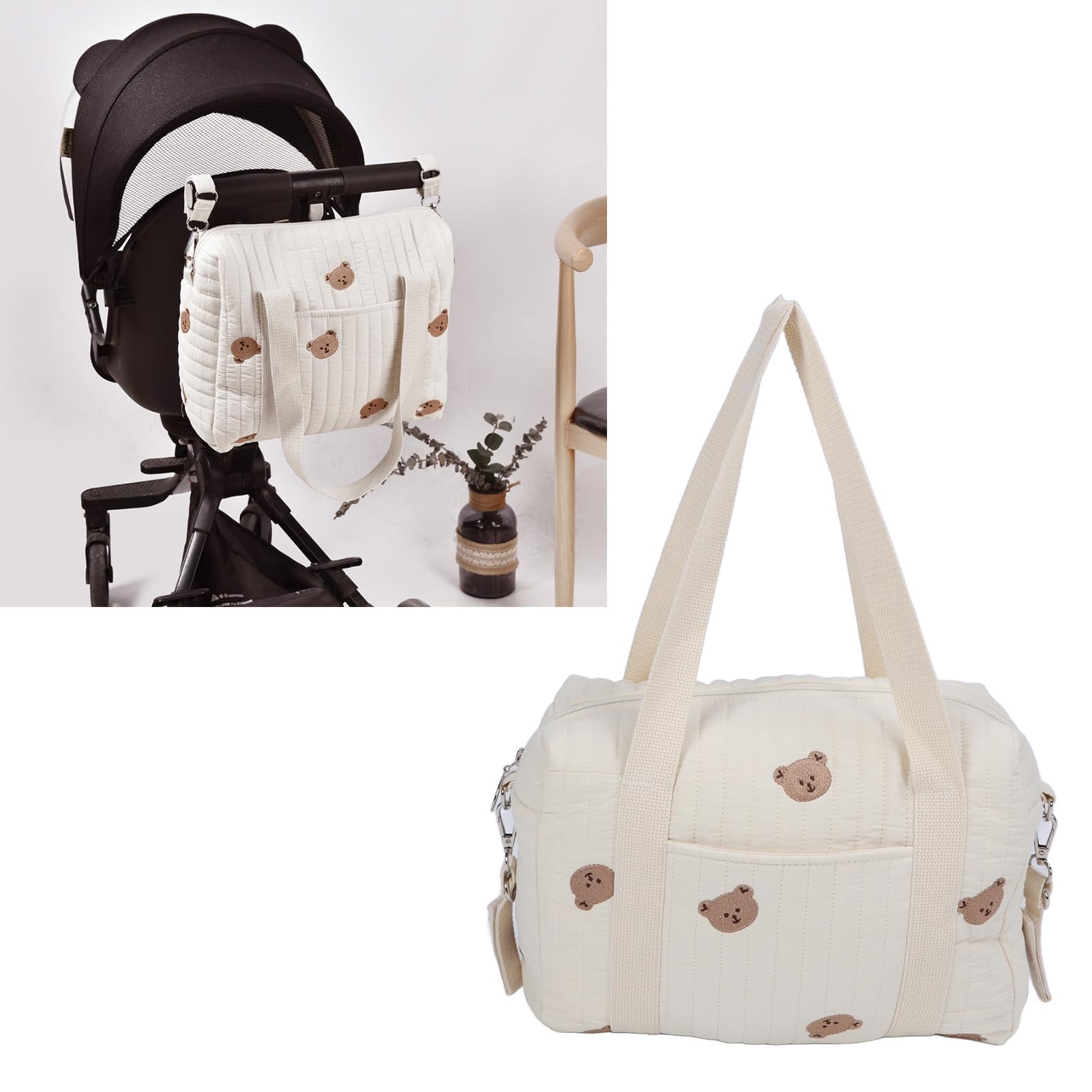 Baby Stroller Storage Bag with Zipper - Reusable Hanging Organizer for Diapers & Essentials, Embroidery Bear Design - Perfect for Shopping, Travel & Daily Outings with Your Baby
