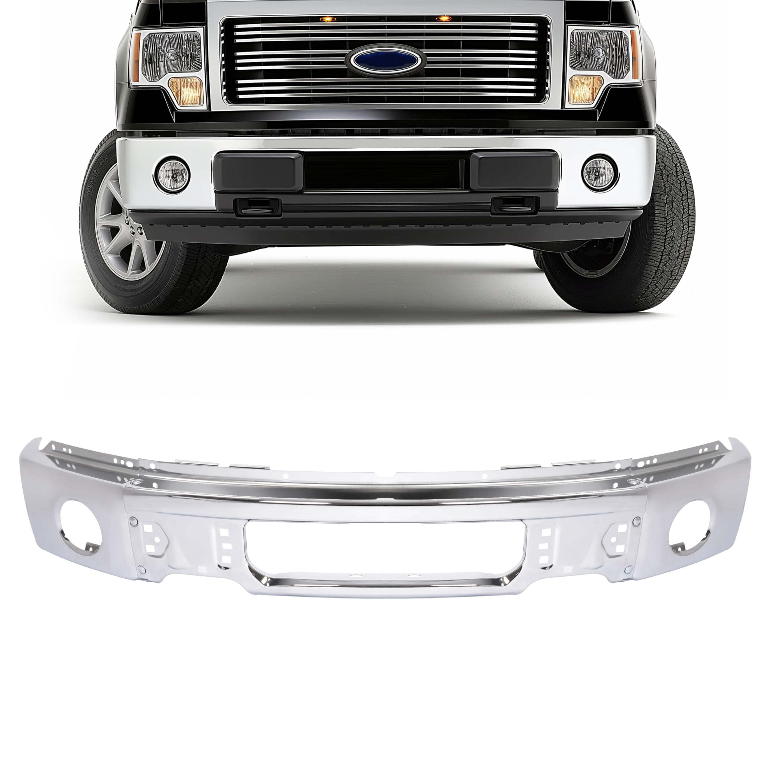 KUAFU Chrome Steel Front Bumper Face Bar Replacement for 2009-2014 Ford F150 F-150 with Fog Light Holes | Compatible with FO1002411 9L3Z17757B | 3-Piece Set | Durable Protection & Enhanced Style for Off-Roading & Daily Driving