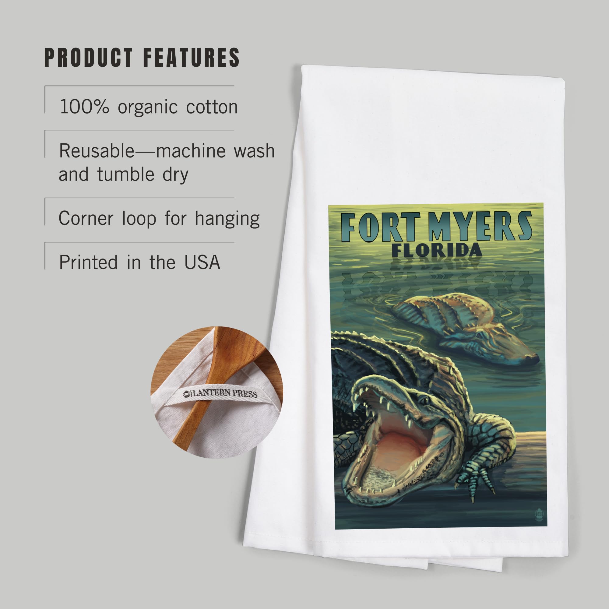Lantern Press Fort Myers Florida Alligators 100% Cotton Tea Towel - Decorative Hand Towel & Kitchen Towel for Home Decor, Dish Drying & Gift Giving