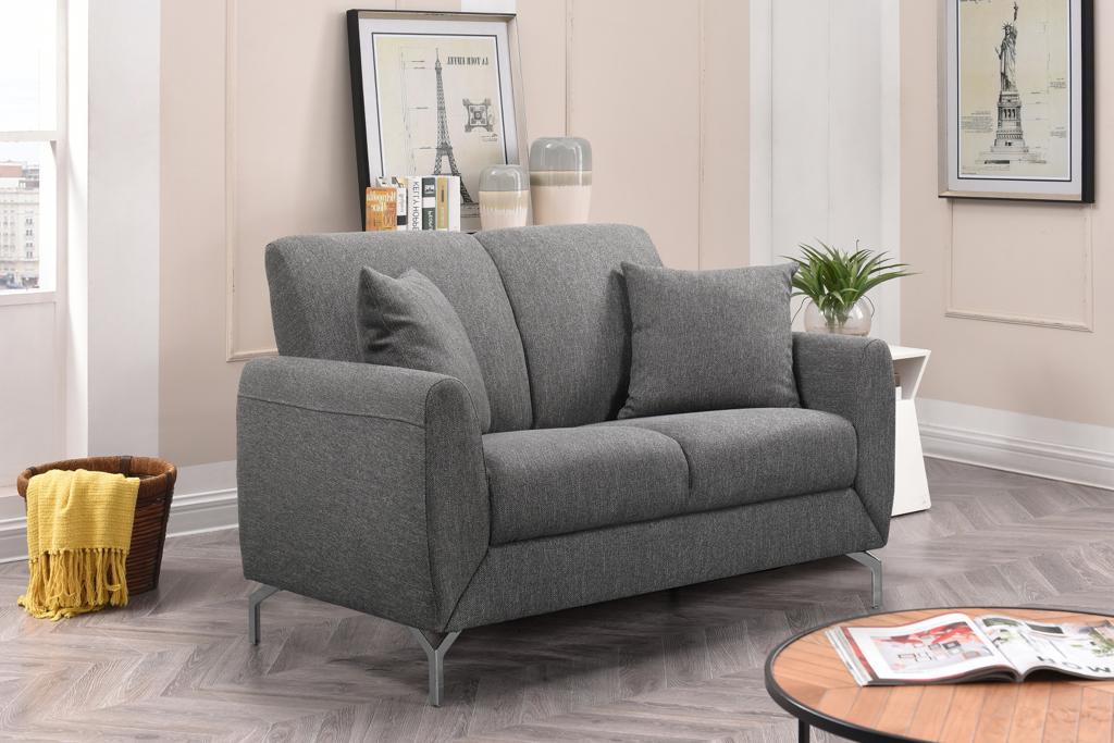 Modern Grey Fabric Love Seat with Chrome Accents - Stylish Small Sofa for Living Room, Apartment & Office - Perfect for Cozy Spaces & Modern Decor
