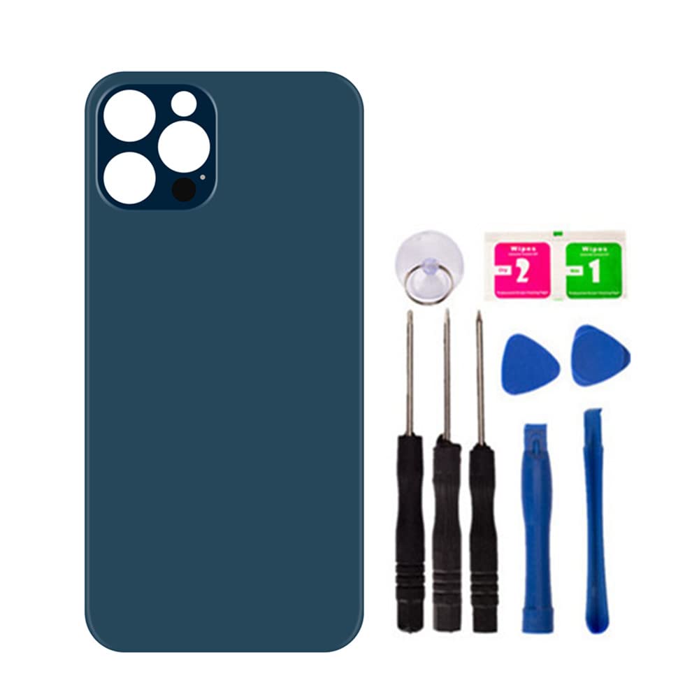 iPhone 12 Pro Back Glass Replacement with Pre-Installed Tape & Repair Tools - No Logo, Large Hole, Blue | DIY Phone Repair for Cracked or Damaged Back Cover