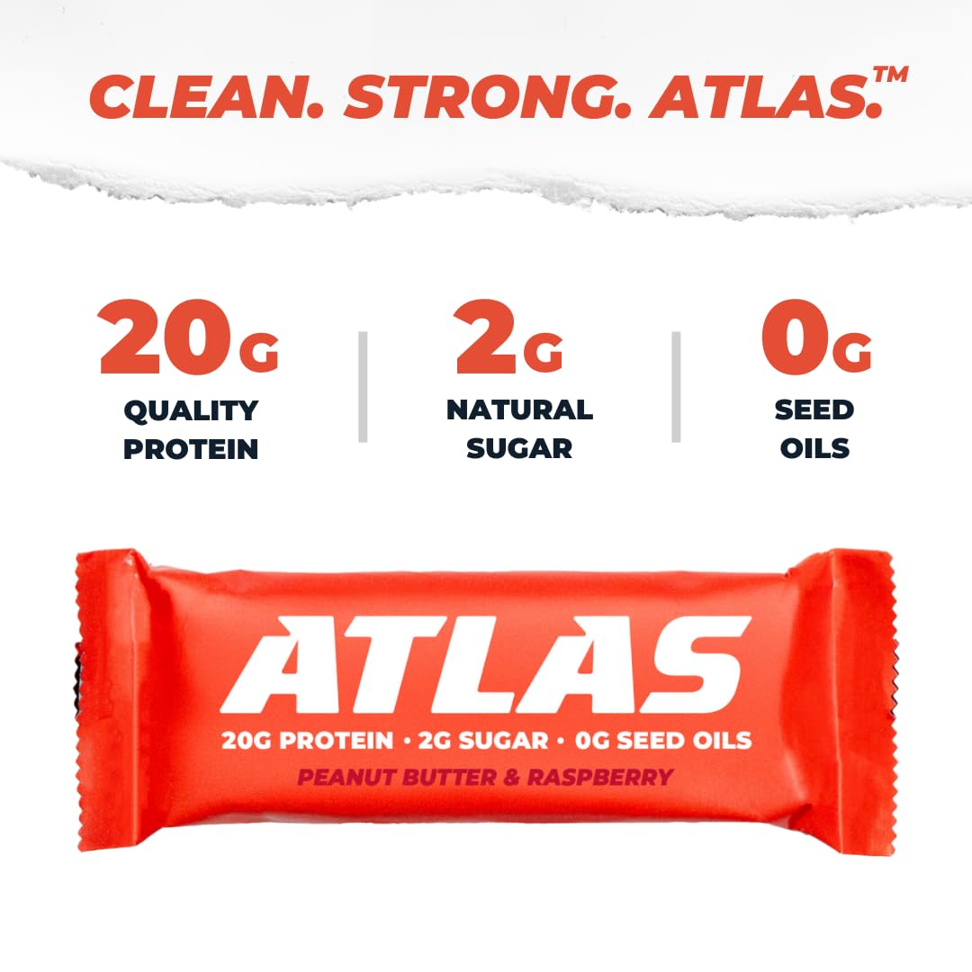 Atlas Protein Bar - High Protein 20g, Low Sugar 1g, Gluten Free, Clean Ingredients - Peanut Butter Raspberry Flavor (12 Bars) - Perfect for Post-Workout Recovery, Healthy Snacking & On-the-Go Nutrition