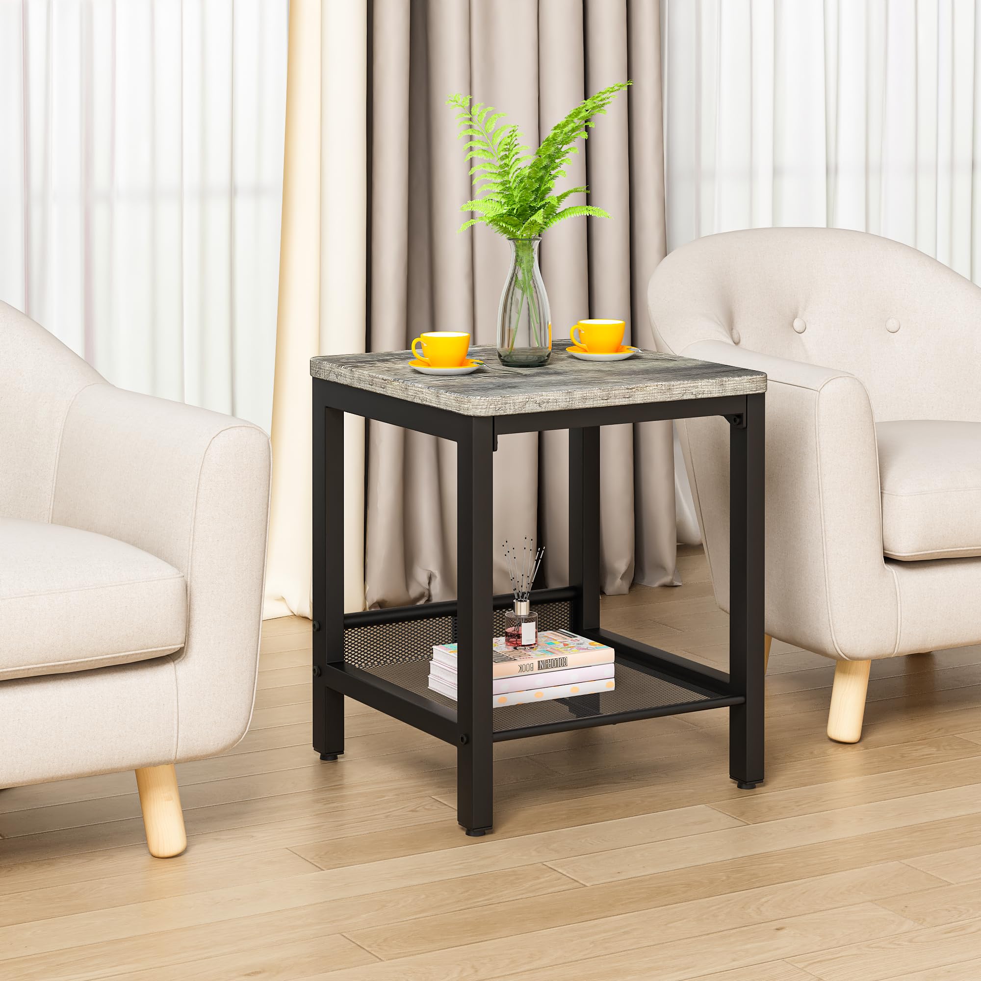 AWQM 3-Piece Industrial Coffee Table Set with 2 Square End Tables - Modern Metal Frame Living Room Furniture for Apartment & Home Office - Grey - Perfect for Small Spaces, Entertaining Guests & Cozy Nights