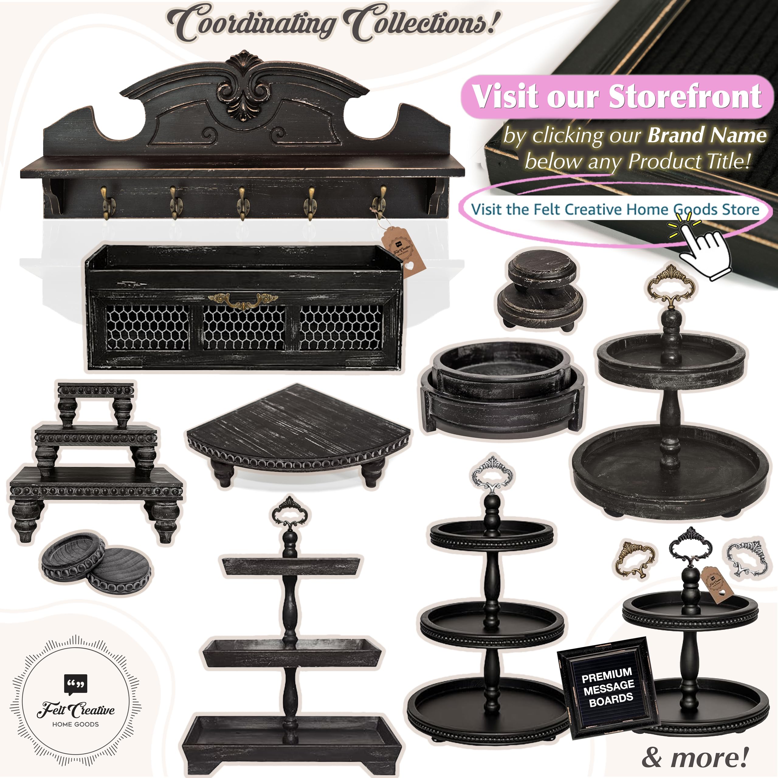 Rustic Wood Beaded Pedestal Tray Decor Riser Set - Kitchen Counter Organizer, Coffee Bar Table Display, Plant Stand with Black Woodgrain Finish | Perfect for Farmhouse Decor, Dining Table Centerpiece, and Bathroom Storage