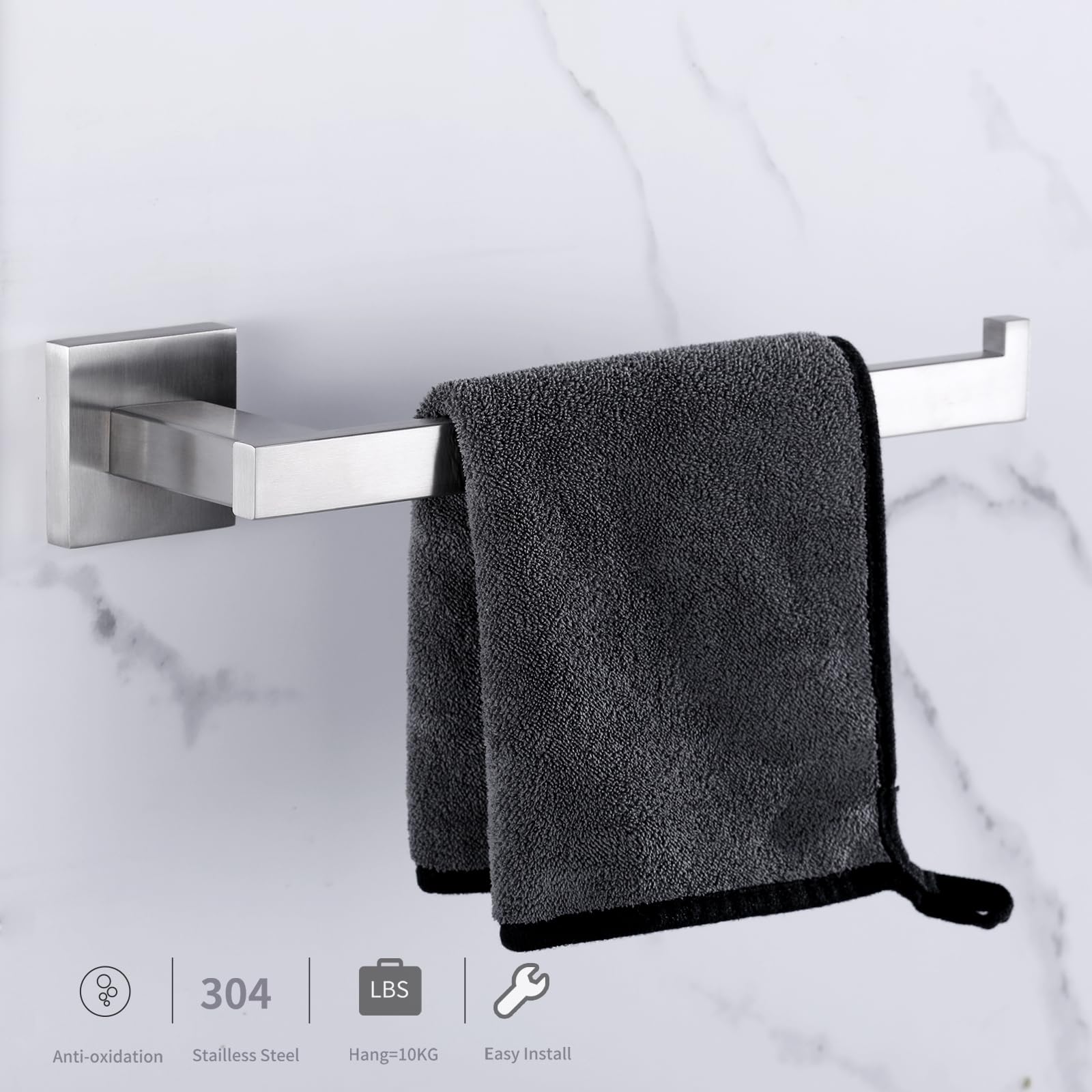 Brushed Nickel Square Hand Towel Holder - Heavy Duty Wall Mounted Towel Ring & Bar for Bathroom & Kitchen - Durable Bathroom Hardware (A9006BN) - Perfect for Hand Towels, Dish Towels & Bath Accessories