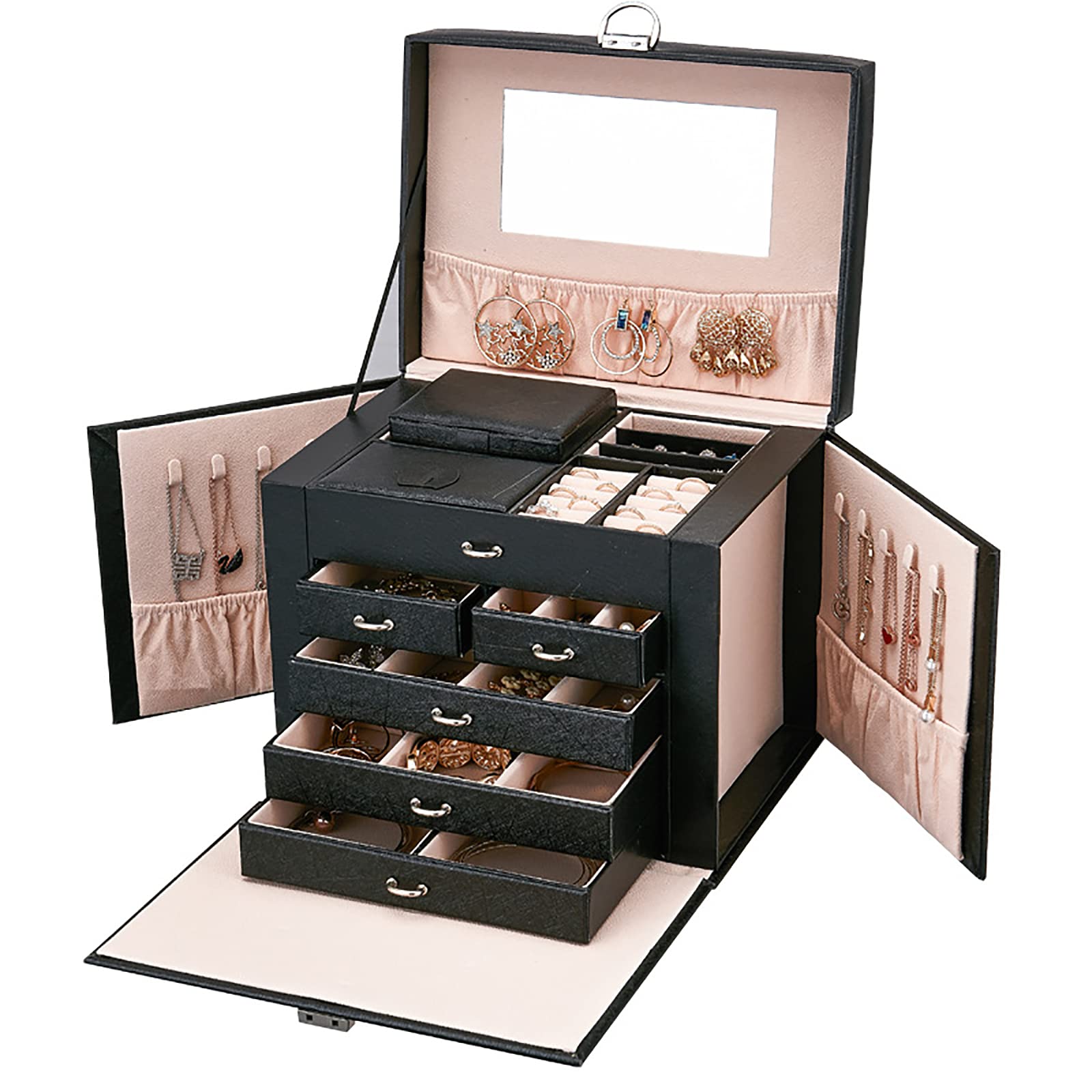 Yihao Large Capacity Jewelry Organizer Box - 5-Layer Leather Makeup Storage Case for Earrings, Bracelets, Rings, Lipsticks & Watches - Perfect for Travel, Home Vanity & Gift Giving - Black