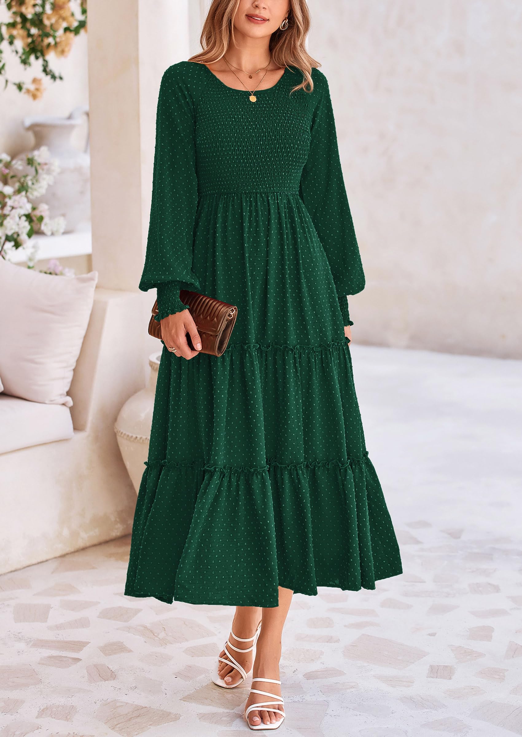PRETTYGARDEN Women's Flowy Smocked Maxi Dress with Pockets - Long Sleeve Swiss Dot Ruffle Dress for Spring Casual Wear, Date Night & Outdoor Events