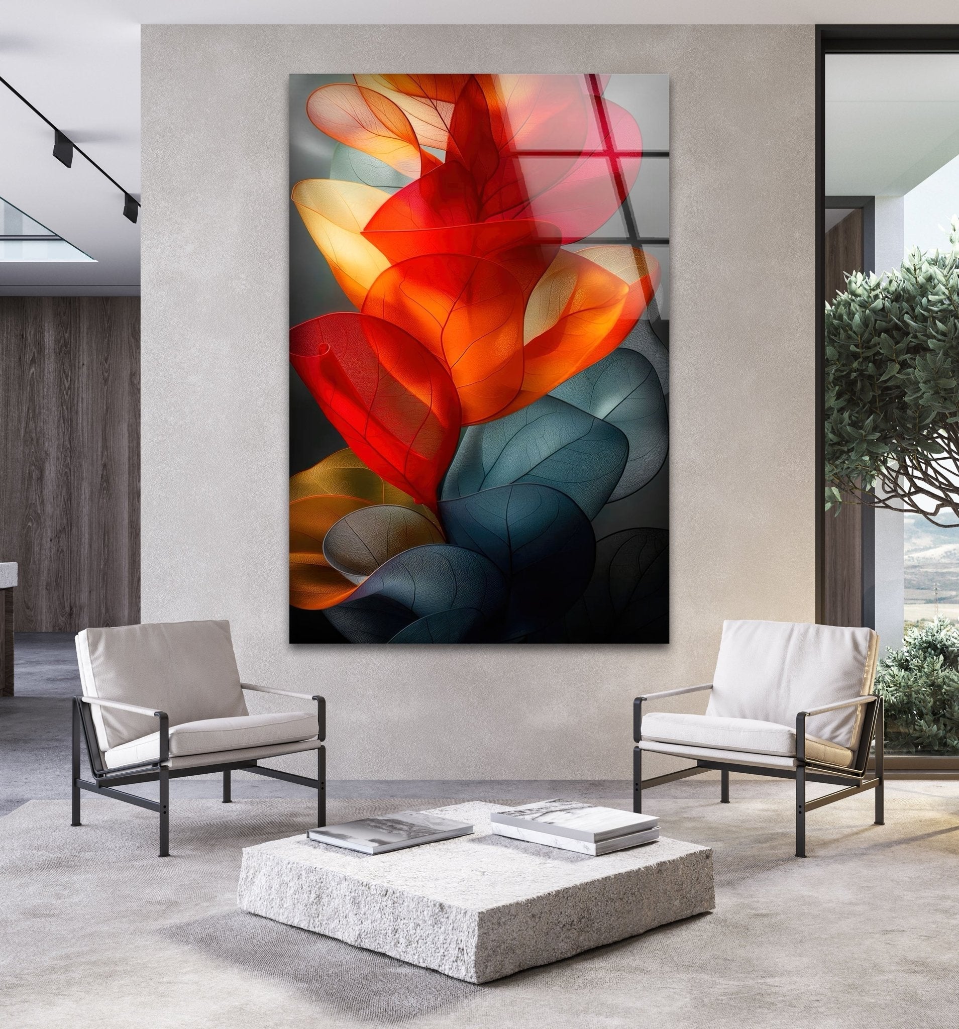 Abstract Red Floral Glass Wall Art - Modern Handmade Home Decor for Living Room, Bedroom, Office - Elegant Gift Idea for Housewarming & Wedding