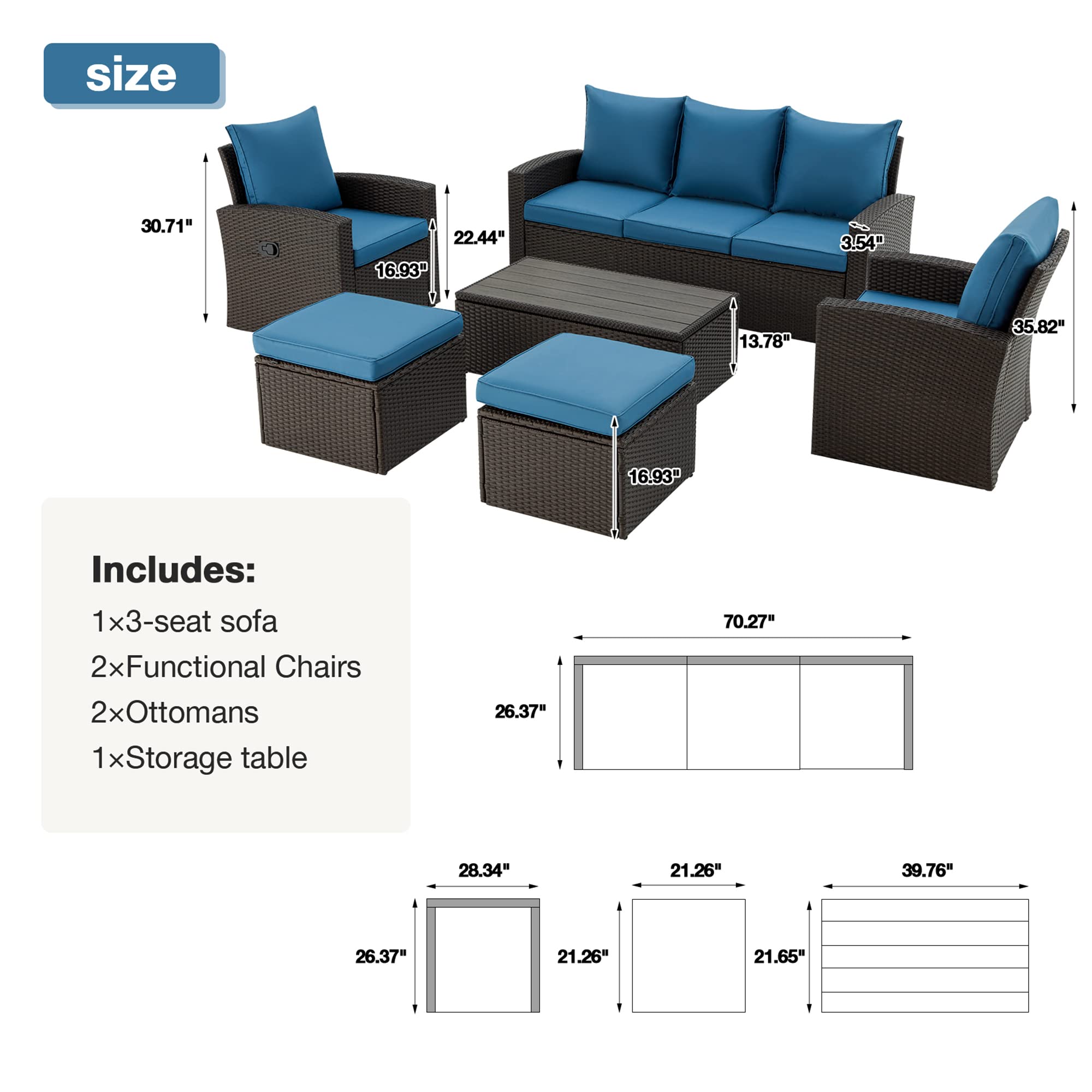 GYUTEI 6-Piece Outdoor Patio Furniture Set - Navy Blue Rattan Sectional Sofa with Ottoman & Storage Table - Weather-Resistant Garden, Porch, Backyard Conversation Set for Relaxing & Entertaining