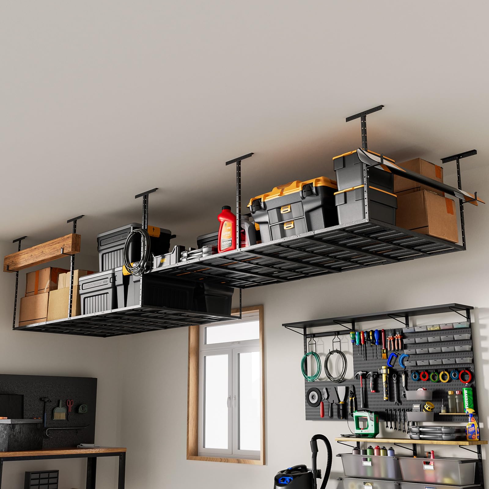 Heavy-Duty 4x8 Overhead Garage Storage Rack - 800lbs Capacity, Adjustable Height with 4 Hooks - Perfect for Organizing Tools, Sports Equipment & Seasonal Items in Your Garage