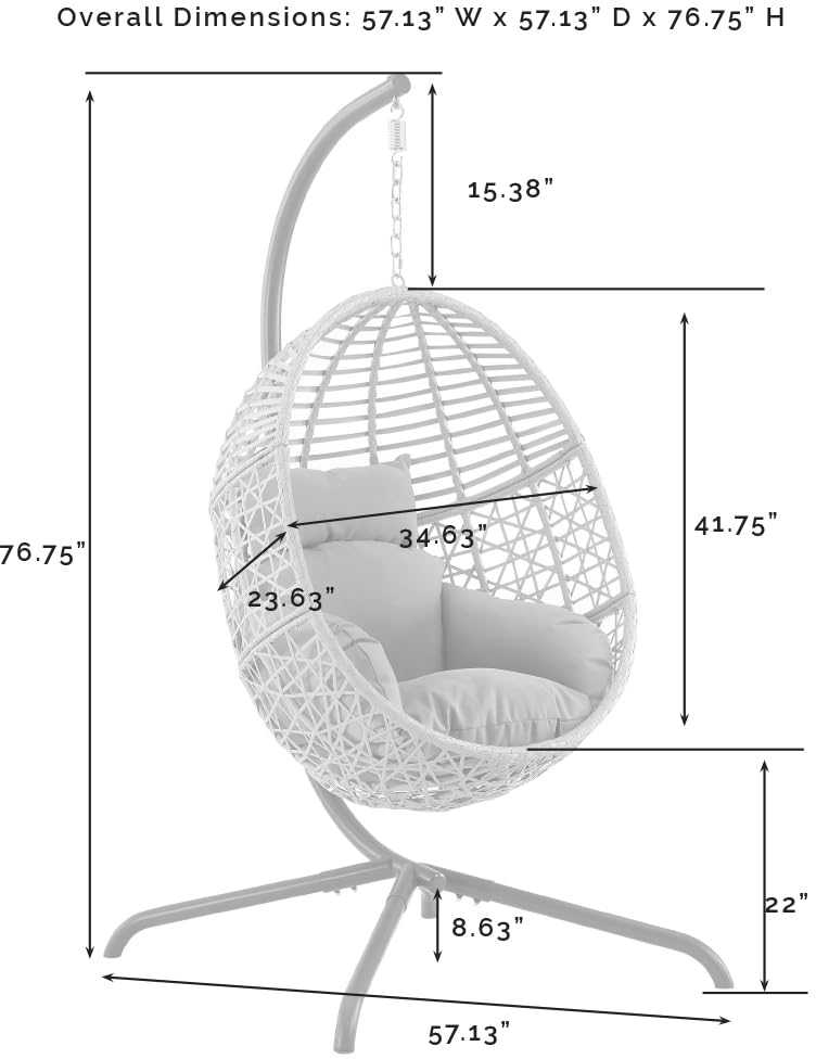 Crosley Lorelei Wicker Hanging Egg Chair with Stand - Indoor Outdoor Swing Chair for Patio, Porch, Deck, Garden - Gray Rattan Hanging Chair for Relaxing & Lounging