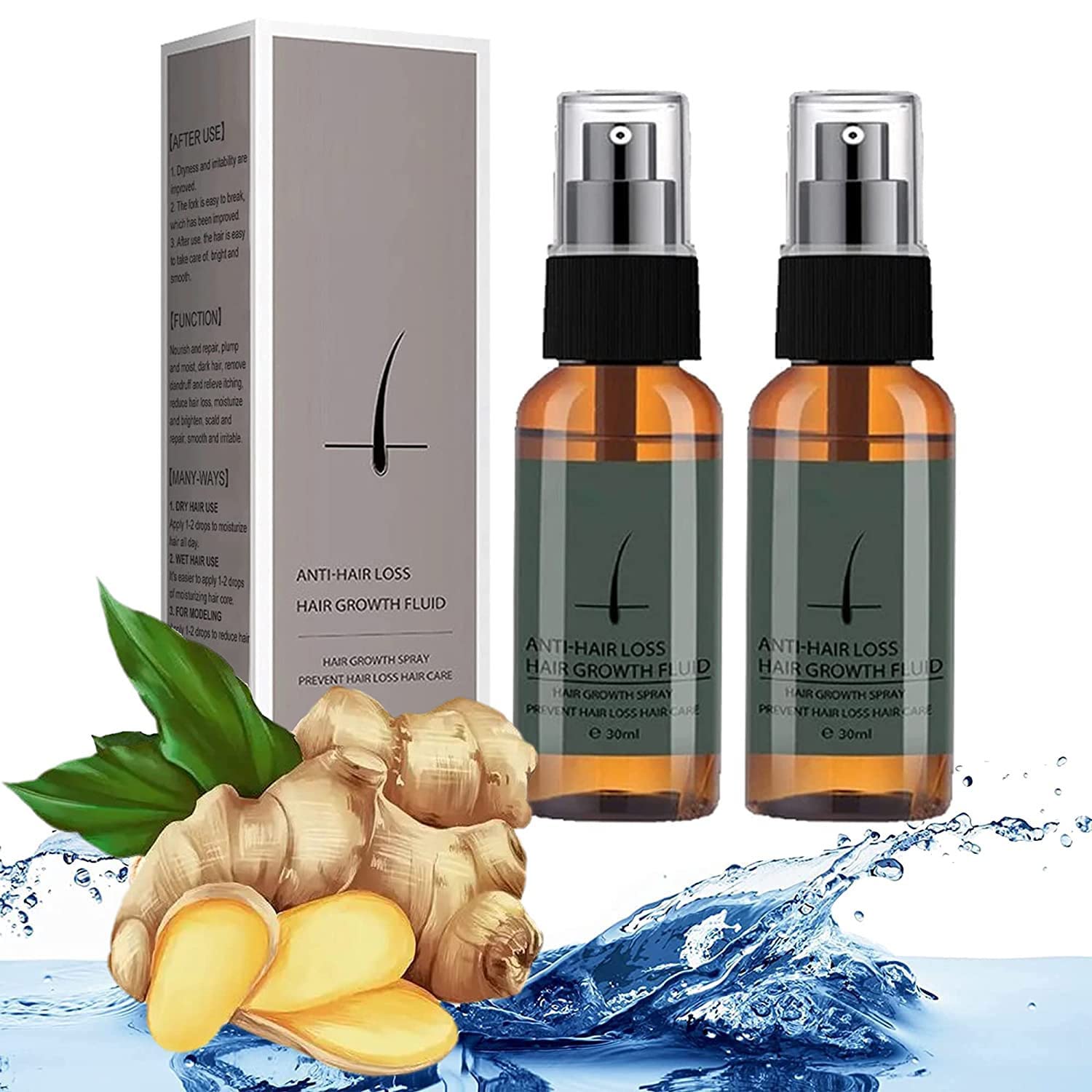 Natural Ginger Hair Growth Serum Spray - Fast Hair Regrowth Treatment, Scalp Nourishing & Anti-Hair Loss Solution with Ginger Extract (2 Pack) - Perfect for Thinning Hair, Bald Spots & Healthy Scalp Care