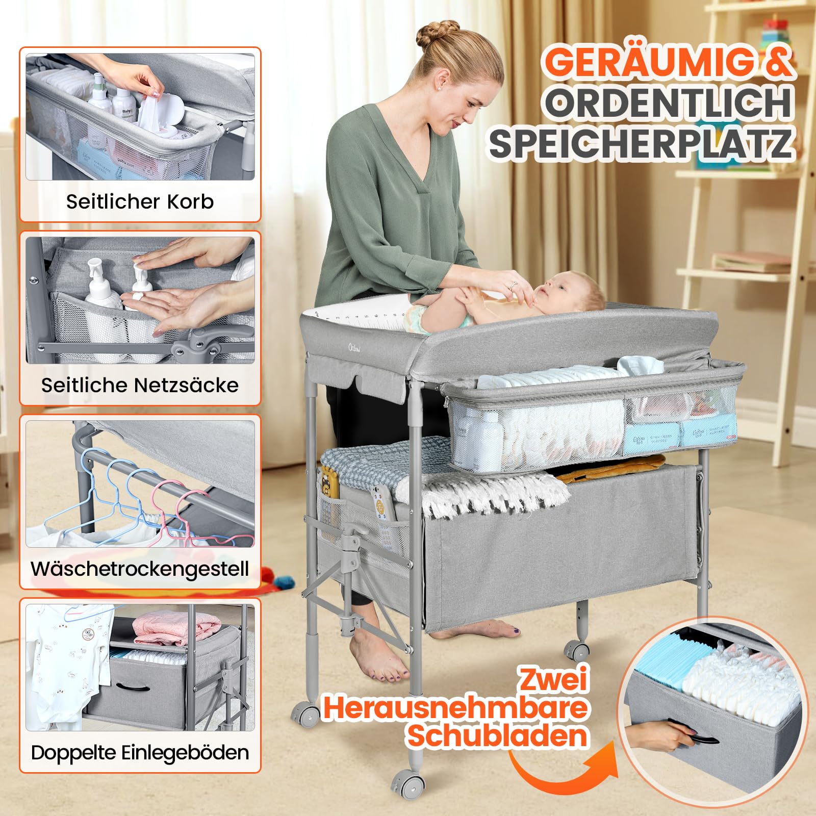 Portable Baby Changing Table with Drawers & Night Light - Adjustable Height, Foldable Design with Safety Strap - Spacious Storage for Nursery, Gray - Perfect for Diaper Changes & Late-Night Care