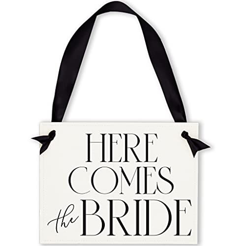 Here Comes The Bride Sign - Elegant Ring Bearer & Flower Girl Banner for Wedding Ceremony | Black on White Linen Cardstock with Black Ribbon | Perfect for Aisle Procession & Photo Props