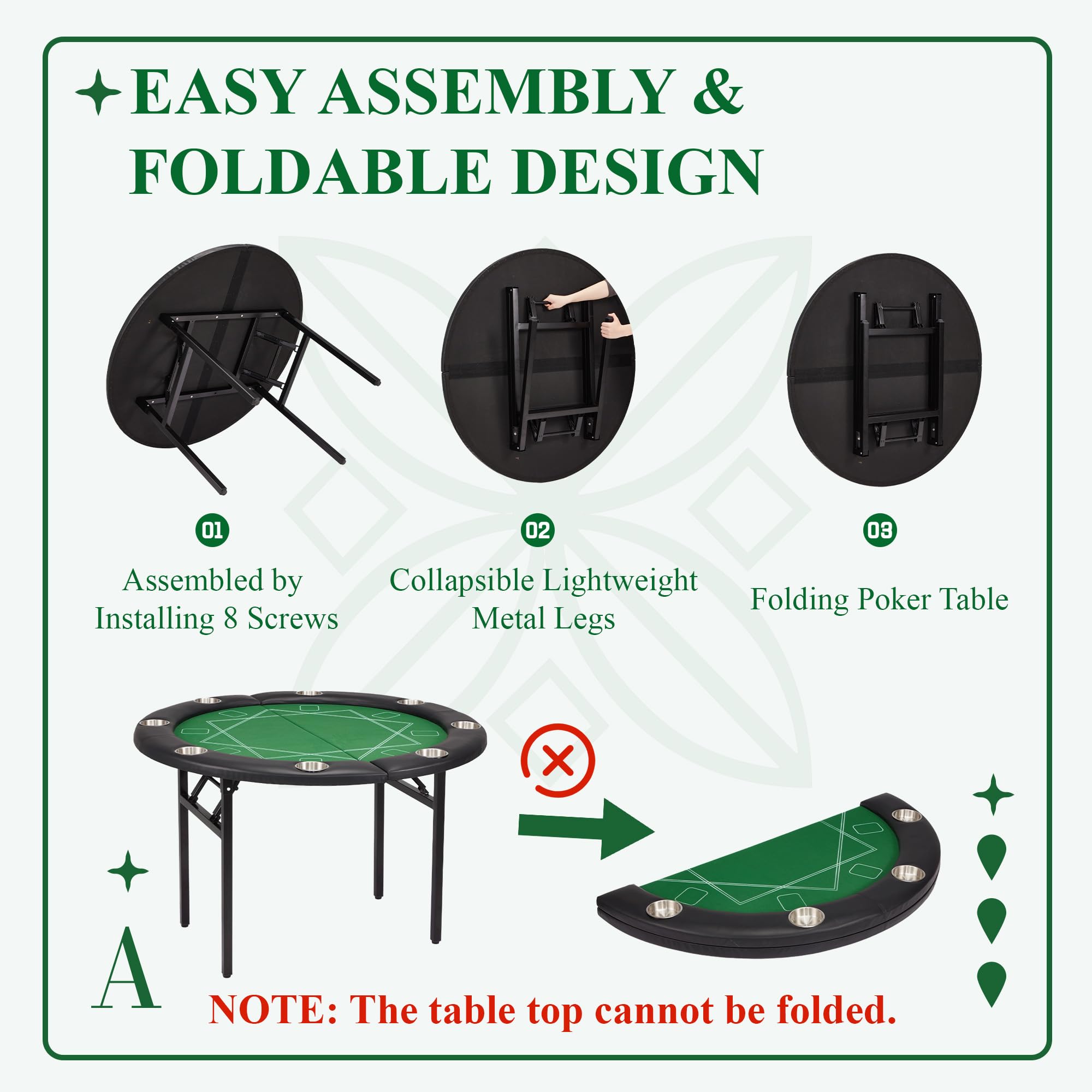 ECOTOUGE 8-Player Foldable Poker Table - Round Casino Style Texas Hold'em Table with Stainless Steel Cup Holders & Faux Leather Padded Rails - Portable Folding Card Game Table for Home, Parties and Casino Nights (Green)