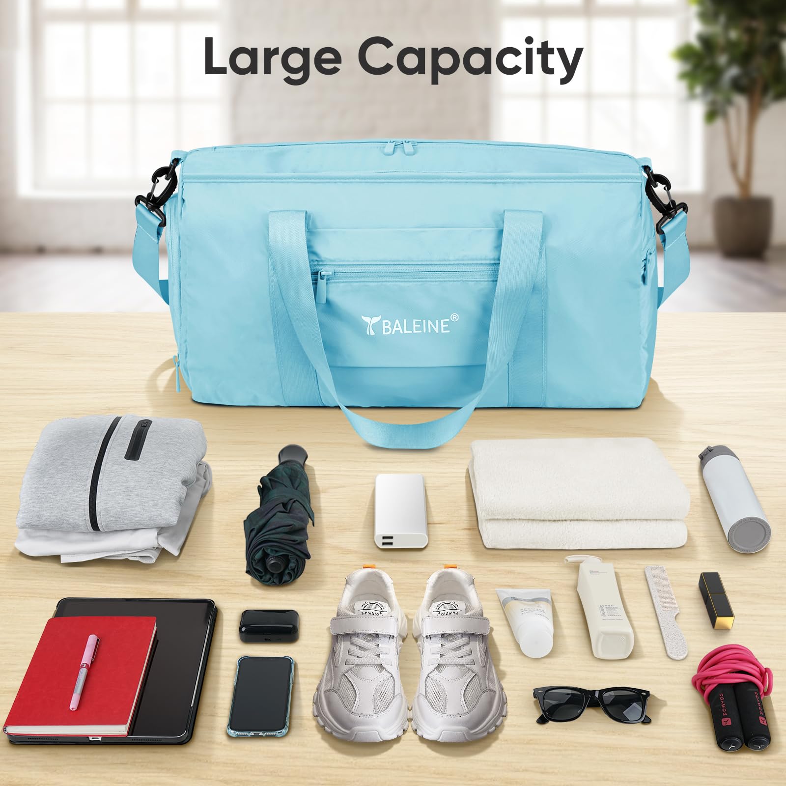 BALEINE Waterproof Gym Duffel Bag for Women & Men - Lightweight Sports Duffle with Shoe Compartment & Wet Pocket - Perfect for Gym, Travel & Weekend Getaways (Azure Blue) | Ideal for Workouts, Yoga, Swimming & Overnight Trips