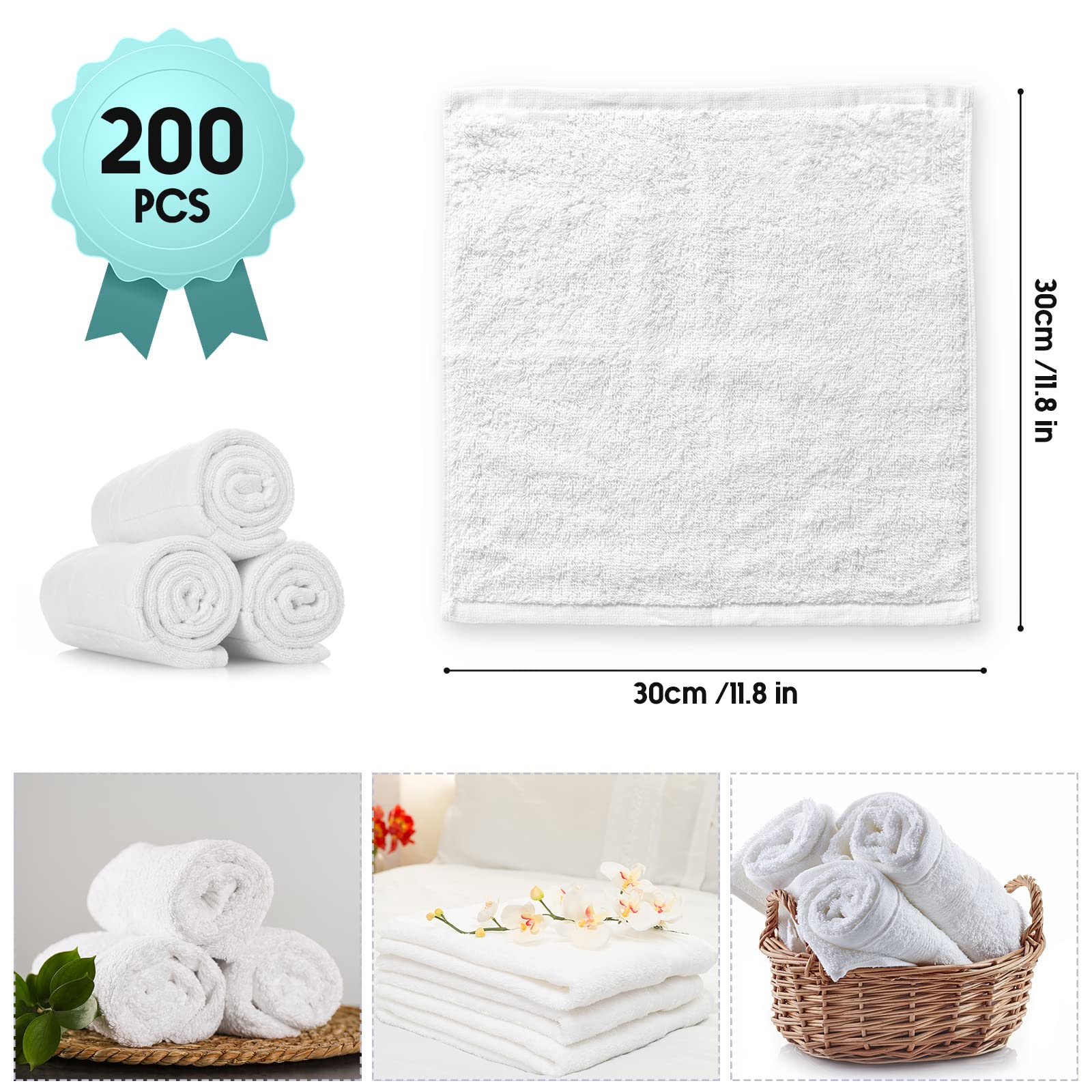 Buryeah 200-Piece Cotton Washcloths Bulk Set - 12x12 Inch Soft Absorbent Face & Hand Towels for Bath, Body, Spa, Gym, Kitchen & Dish Cleaning | Perfect for Home, Hotel & Commercial Use