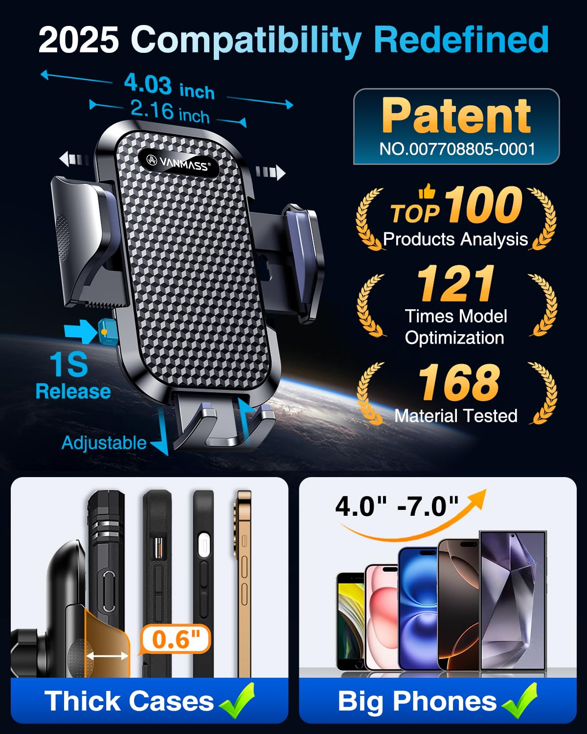 VANMASS Universal Car Phone Holder - Military-Grade Windshield & Dashboard Mount for iPhone, Samsung & Android Phones (65 lbs Strong Suction, Patent Certified) - Perfect for GPS Navigation, Hands-Free Calling & Road Trips