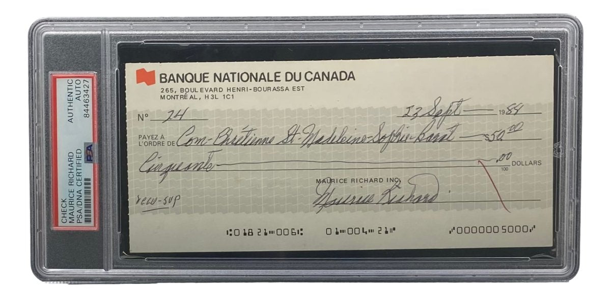 Maurice Richard Autographed Montreal Canadiens Bank Check #24 PSA/DNA Certified - Rare Hockey Memorabilia for Collectors & Sports Fans Display