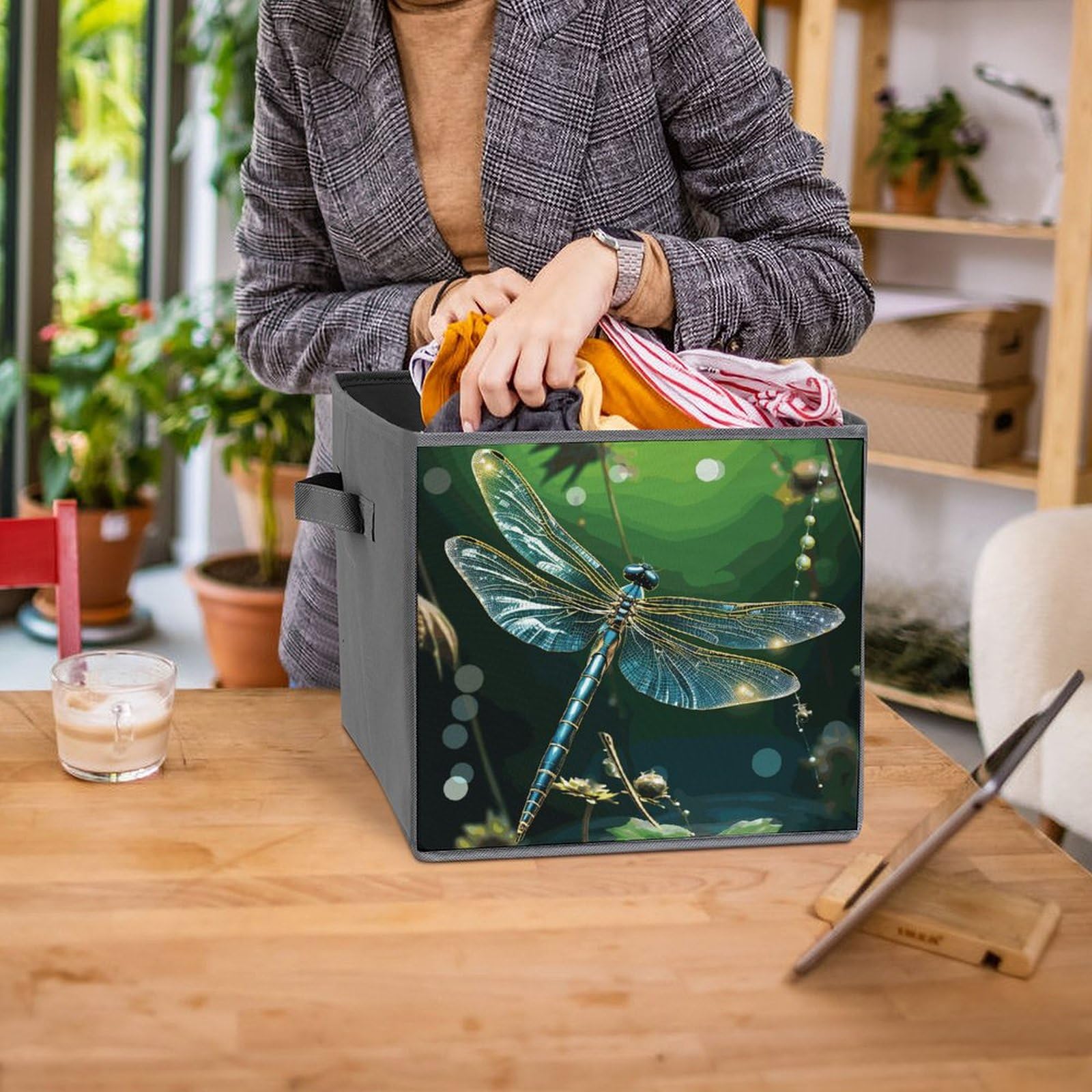 6-Piece Collapsible Storage Bins with Handles - Dragonfly Green Printed Foldable Organizing Baskets for Shelves, Closet, Kitchen & Home Organization - Space Saving Storage Containers for Toys, Books, Laundry & Household Items