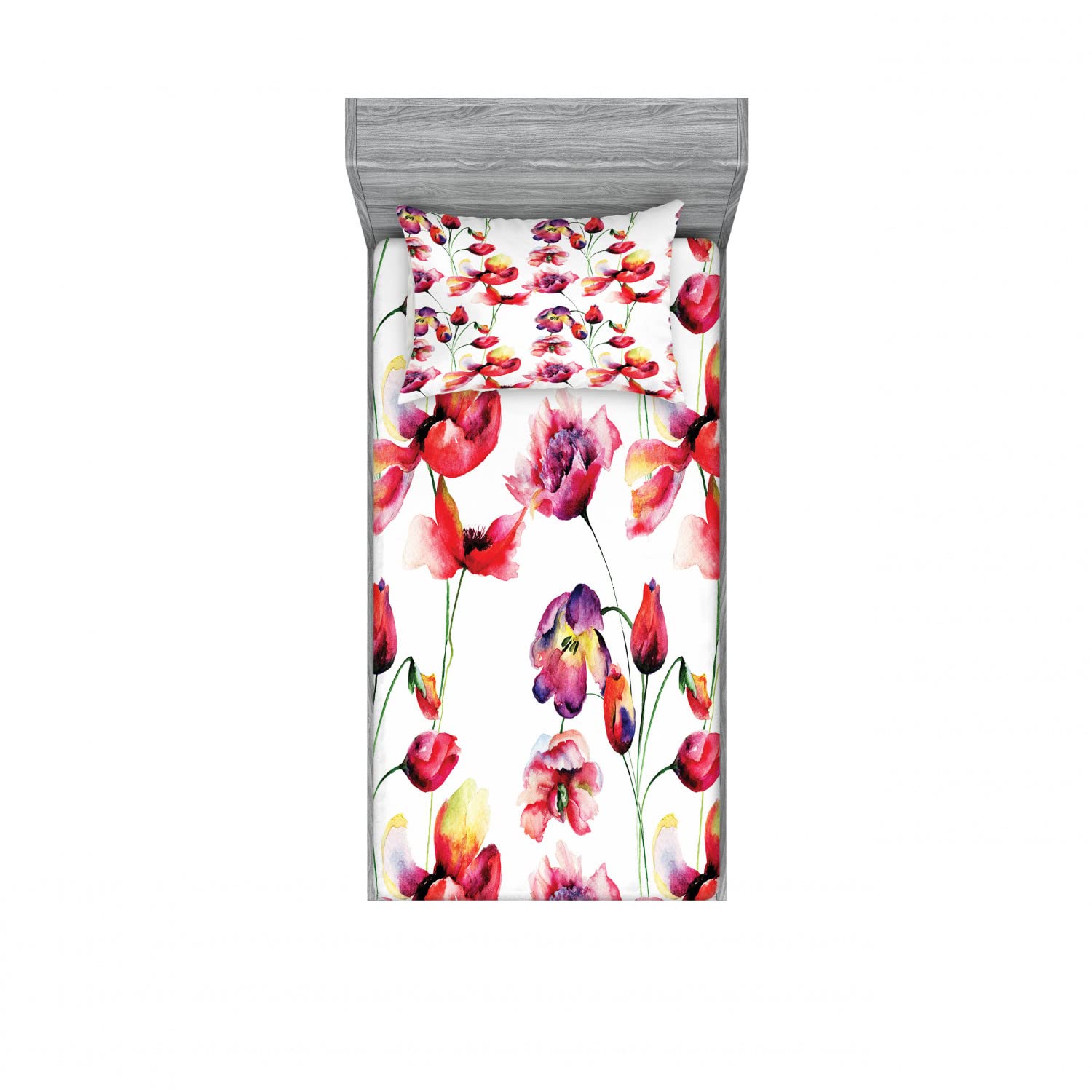 Ambesonne Floral 2-Pack Twin Fitted Sheet & Pillow Sham Set - Blooming Tulip Poppy Pattern, 4-Piece Bedding Decor (2 Fitted Sheets & 2 Pillow Covers) Red & White - Perfect for Guest Rooms, Dorm Decor, and Spring Bedroom Makeovers