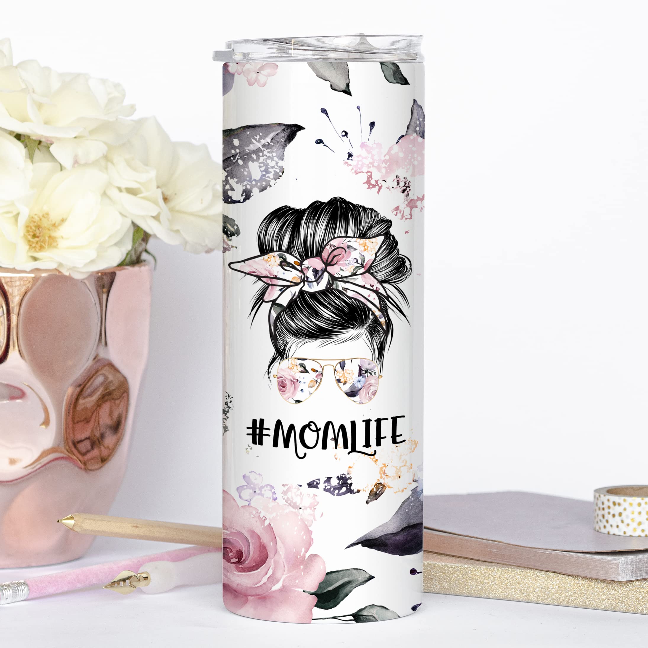 Floral Mama Tumbler 20oz - Insulated Stainless Steel Skinny Coffee Cup with Straw & Lid - Leakproof Travel Mug for Women - Perfect for Mom Life, Iced Tea & Hot Drinks at Work, Gym or Outdoors