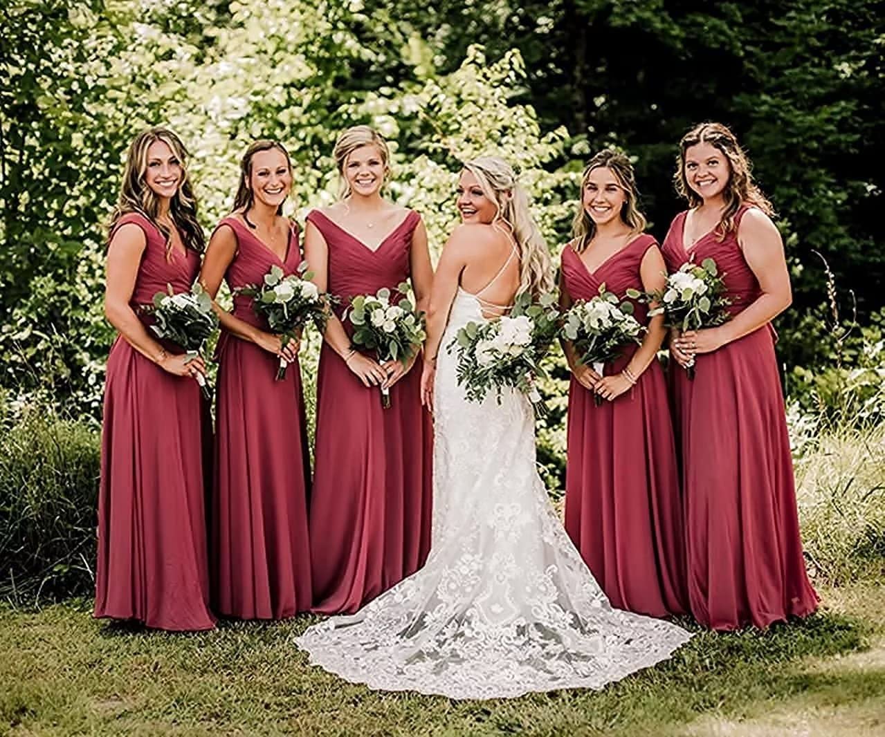 Elegant Women's Double V Neck Bridesmaid Dress with High Slit - Flowy Chiffon Maid of Honor Gown for Weddings, Formal Events & Special Occasions